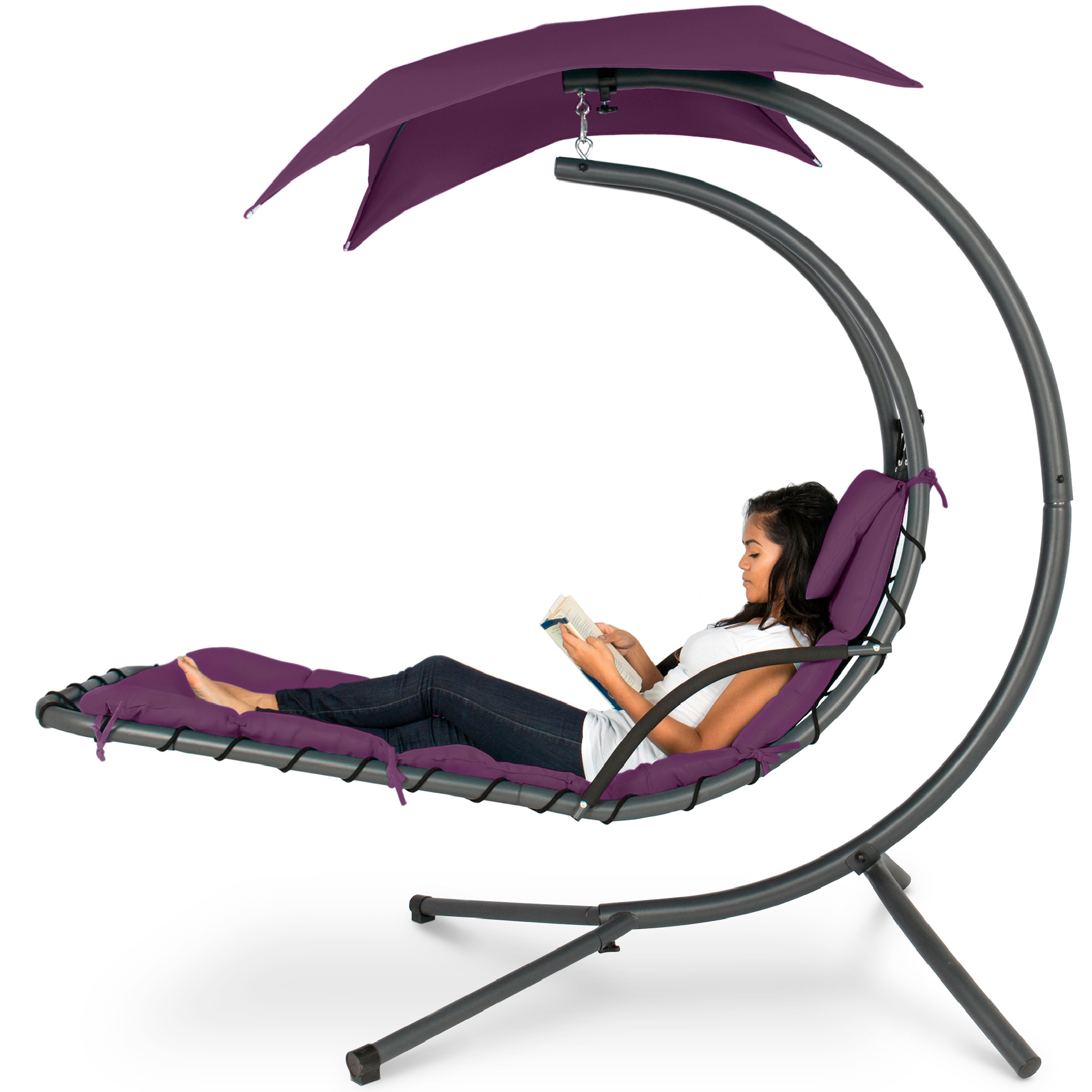 Hanging Curved Chaise Lounge Chair Swing For Backyard, Patio w/ Pillow, Canopy, Stand - Purple - Best Choice Products Online