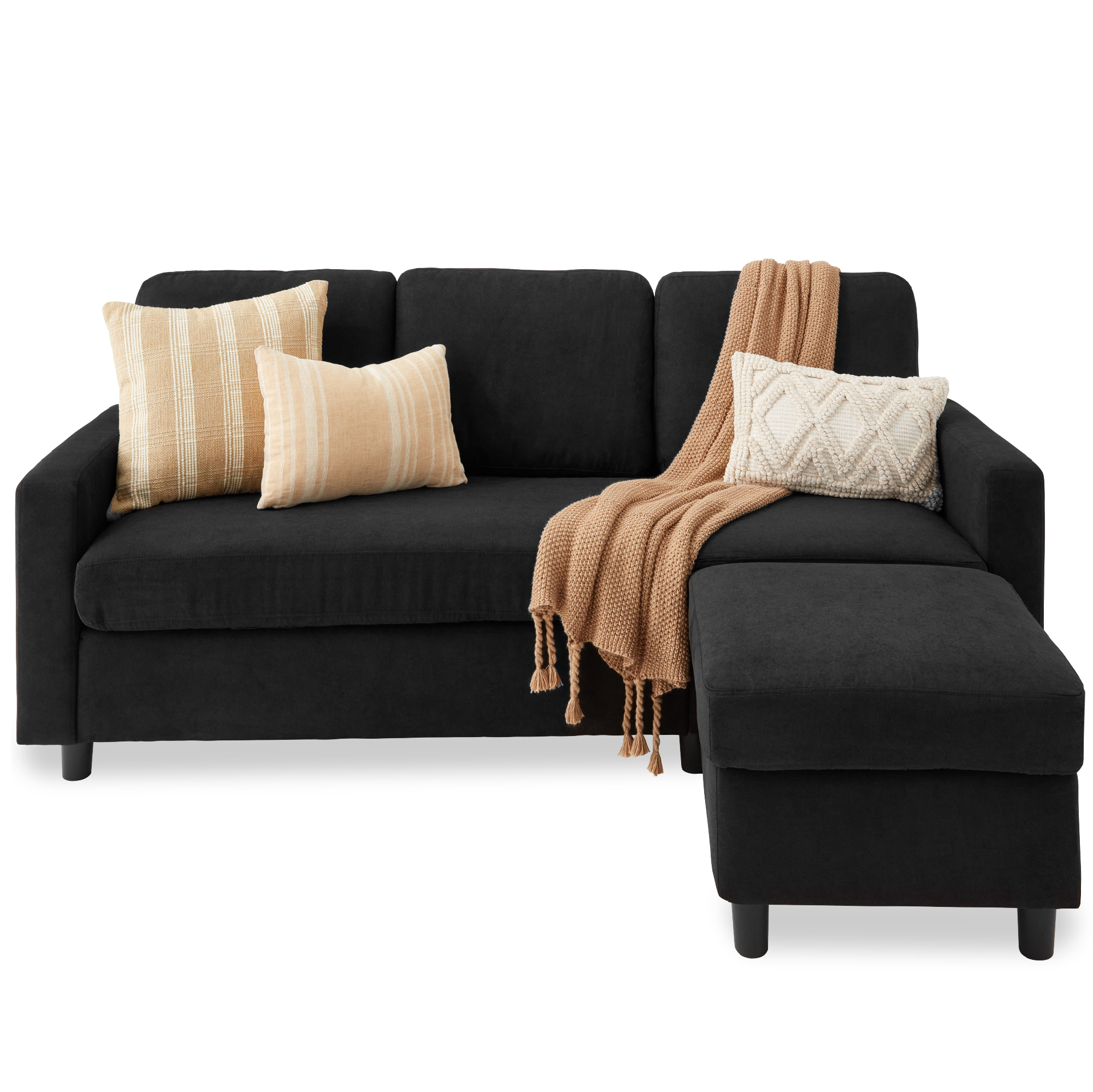 Upholstered Sectional Sofa Couch w/ Chaise Lounge, 3-Seat Design, Ottoman Bench - Black - Best Choice Products Online