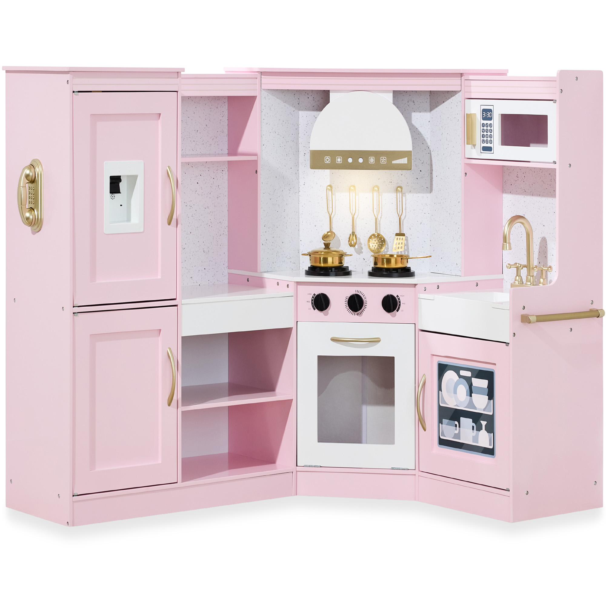 Pretend Play Corner Kitchen, Ultimate Wooden Toy Set For Kids w/ 6 Accessories - Bevel Pink - Best Choice Products Online