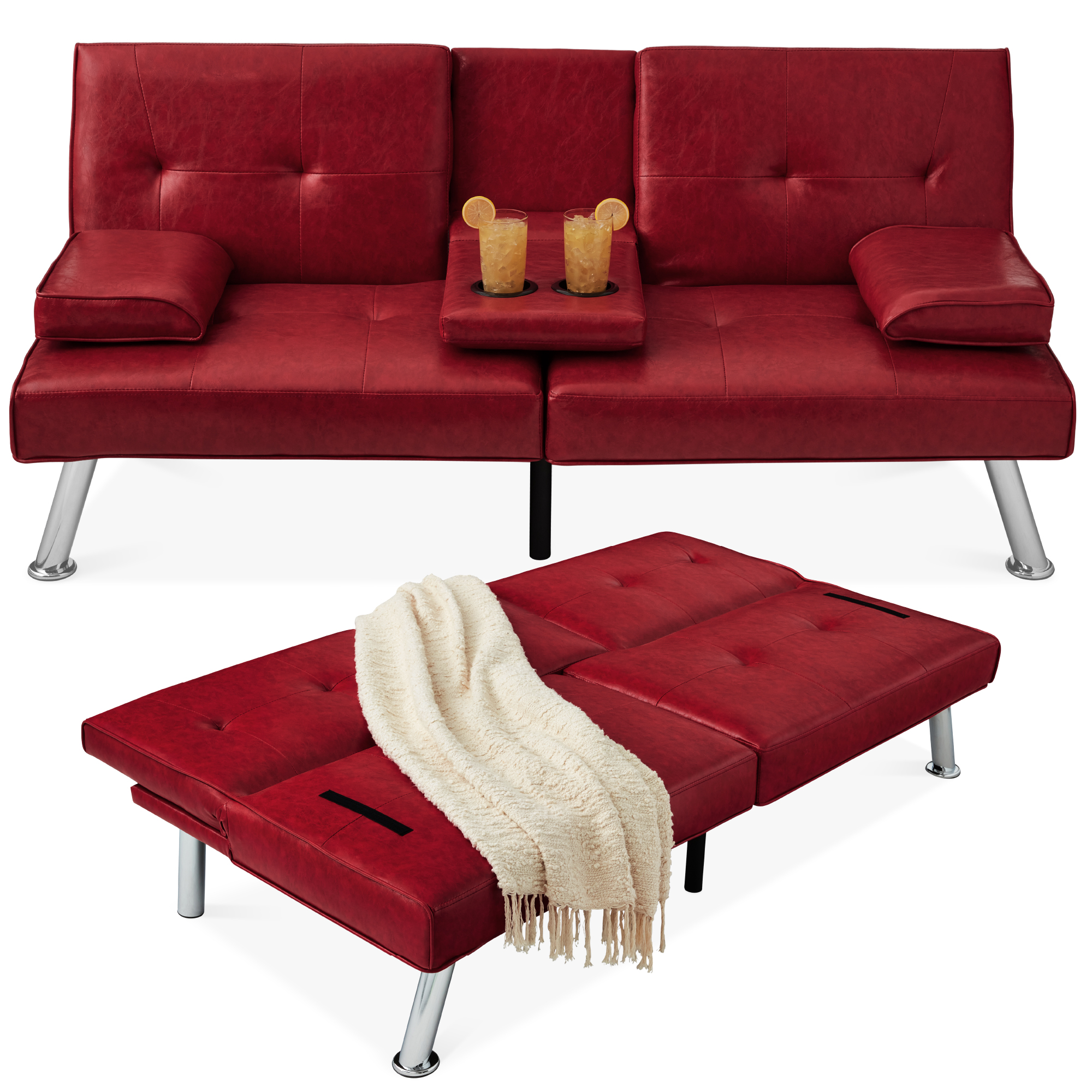 Modern Faux Leather Convertible Futon Sofa w/ Removable Armrests, 2 Cupholders - Burgundy - Best Choice Products Online