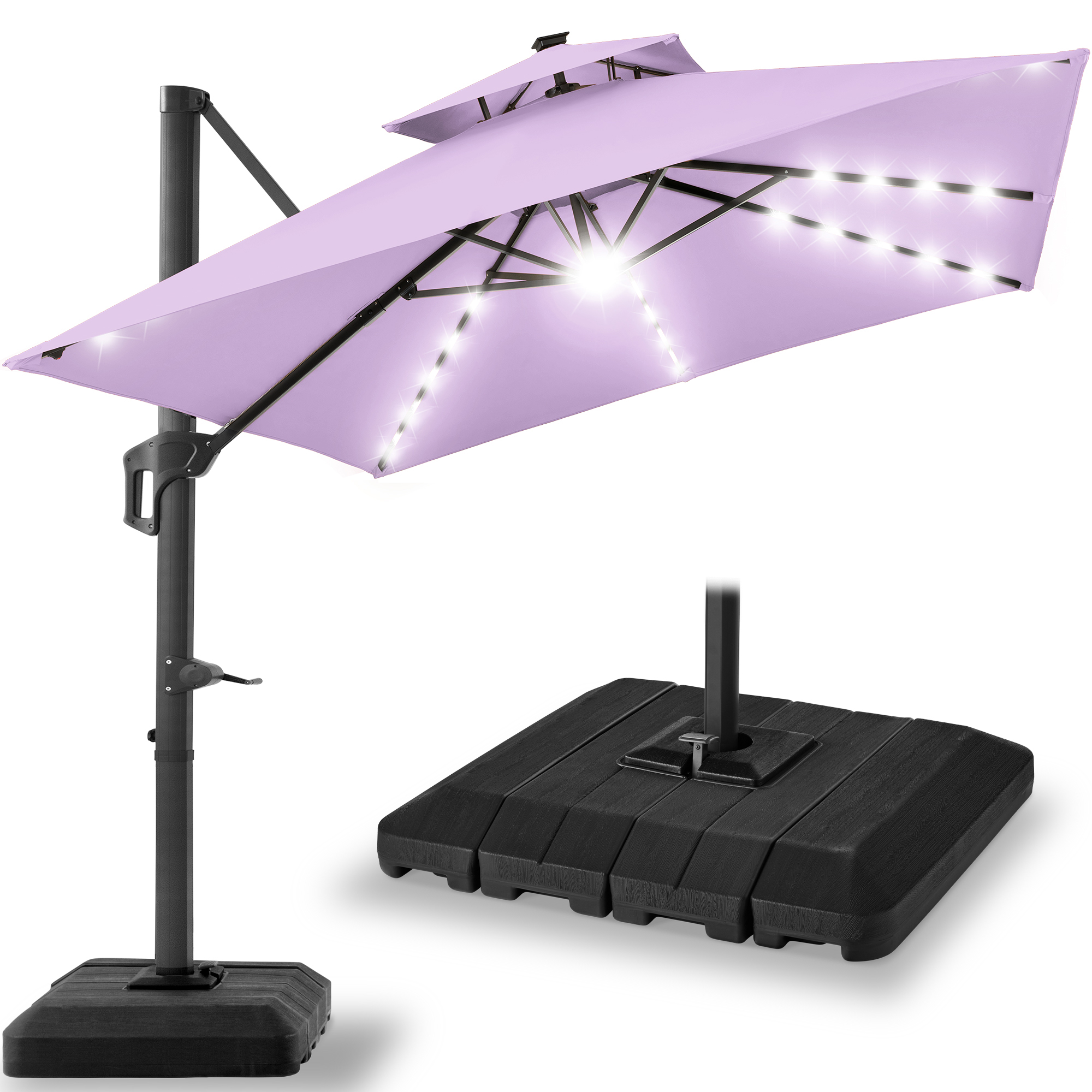 10ft 2-Tier Square Outdoor Solar LED Cantilever Patio Umbrella w/ Base Included - Lavender - Best Choice Products Online