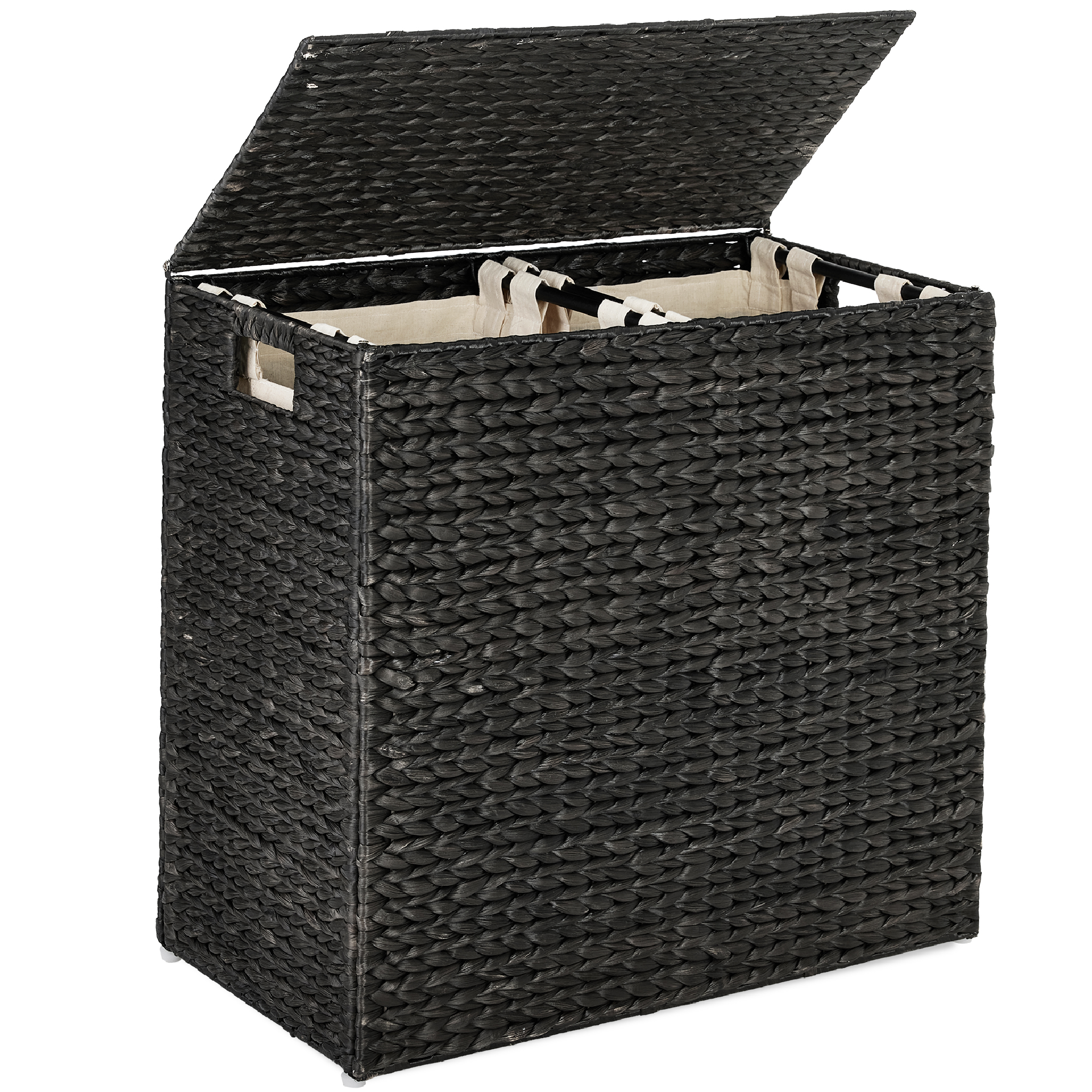 Large Double Laundry Hamper Basket w/ 2 Liner Bags, Handles, Natural Woven Water Hyacinth - Black - Best Choice Products Online