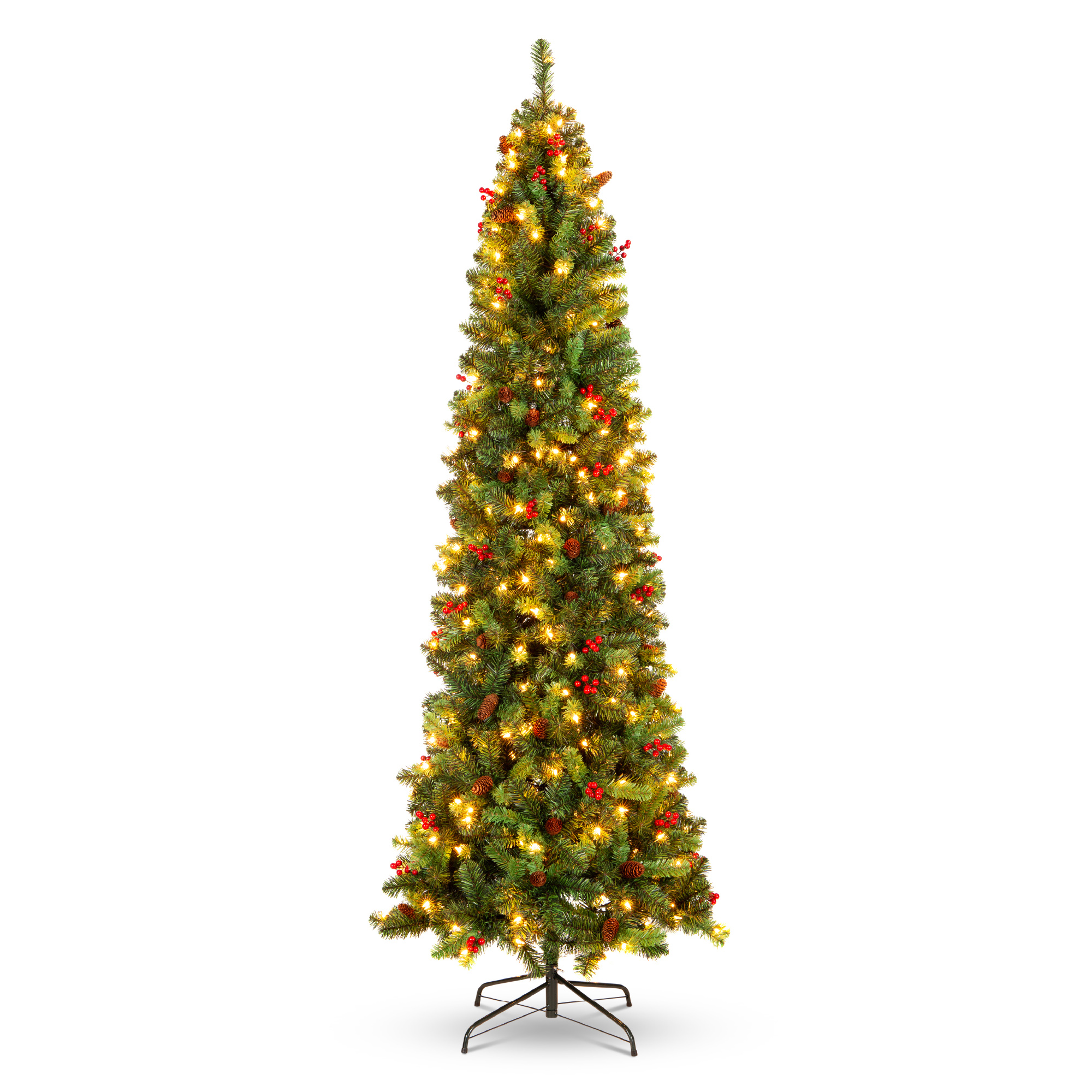 Pencil Trees 6ft - Pre-Lit Pencil Christmas Tree w/ Berries, Pine Cones, 618 Tips, 250 Lights, Base