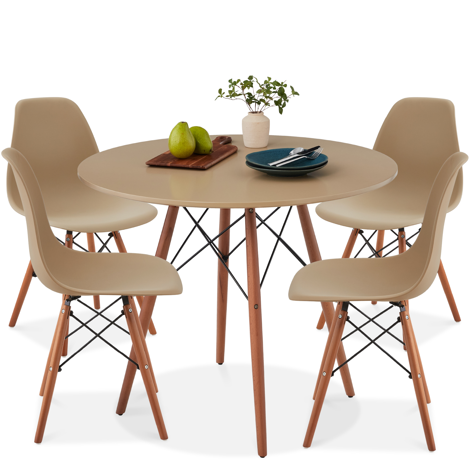 5-Piece Compact Mid-Century Modern Dining Set w/ 4 Chairs, Wooden Legs, Plastic Seats - Beige/Walnut - Best Choice Products Online