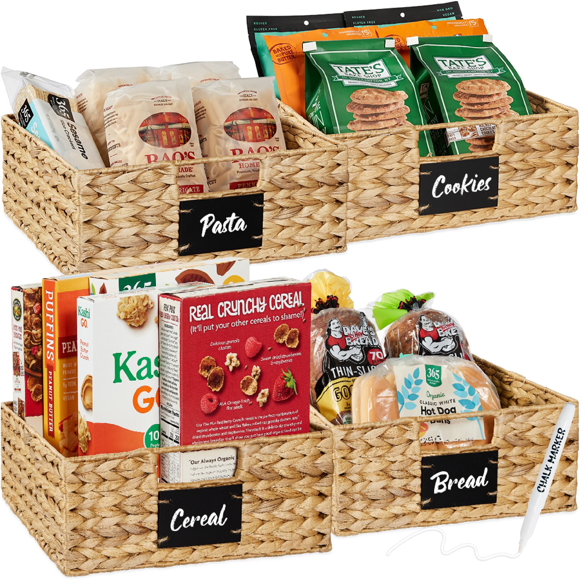 4-Pack 13in Woven Water Hyacinth Pantry Baskets w/ Chalkboard Label, Chalk Marker - Natural - Best Choice Products Online