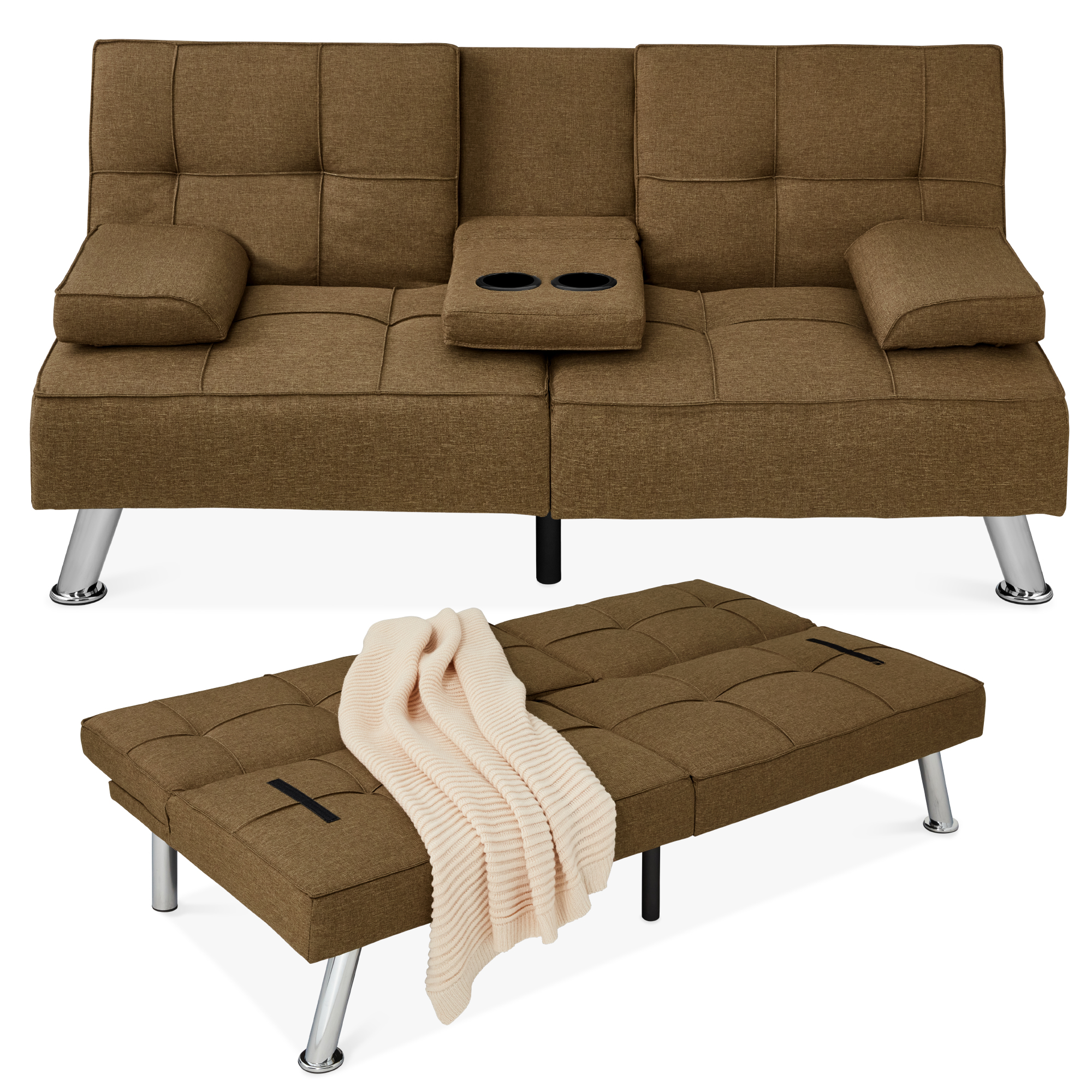 Linen Upholstered Convertible Sofa Bed Futon, Modern Design w/ Removable Armrests, Metal Legs, 2 Cupholders - Brown - Best Choice Products Online