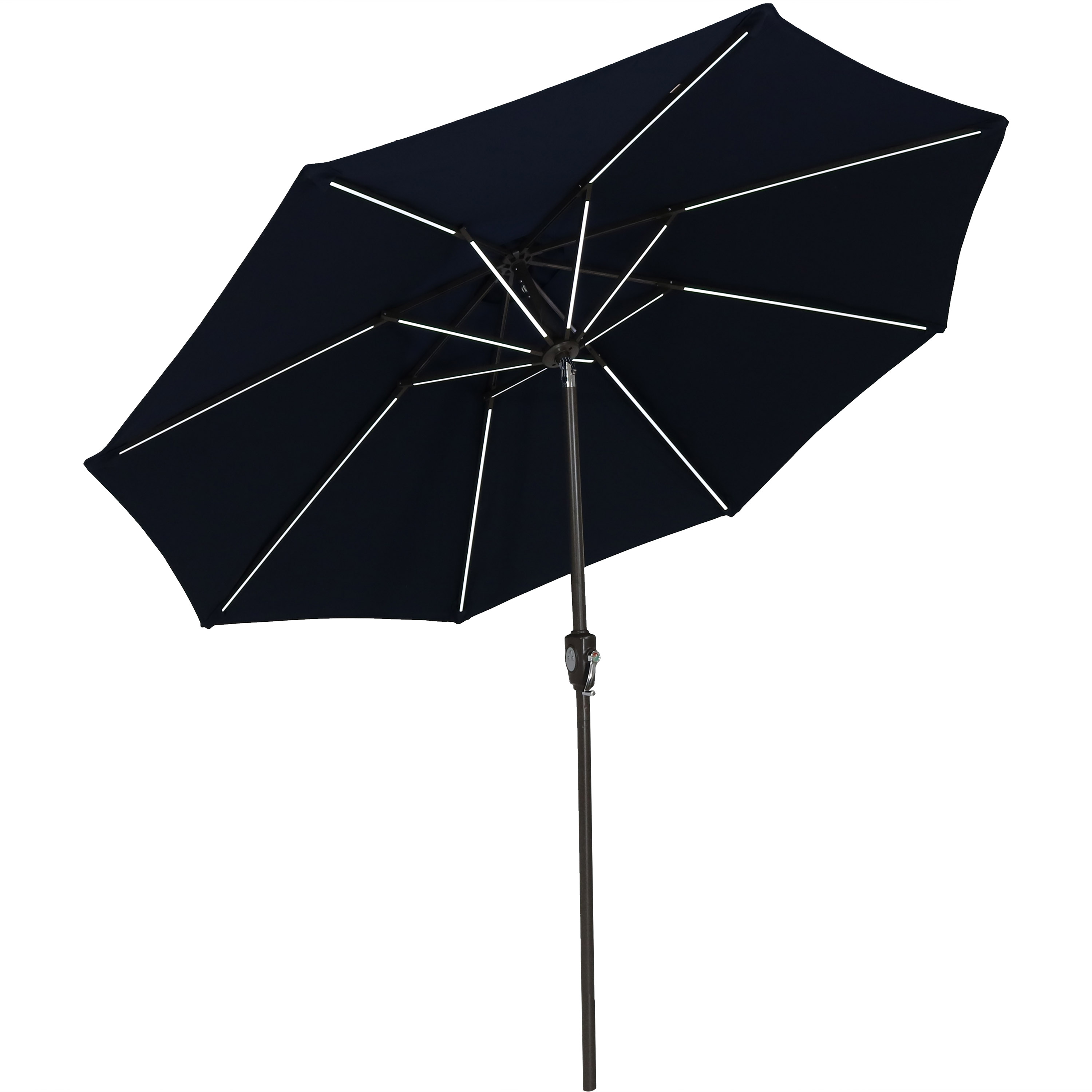 Sunnydaze 9-Foot Solar Powered Sunbrella Market Umbrella with Push-Button Tilt and Crank and LED Light Bars, Navy Blue