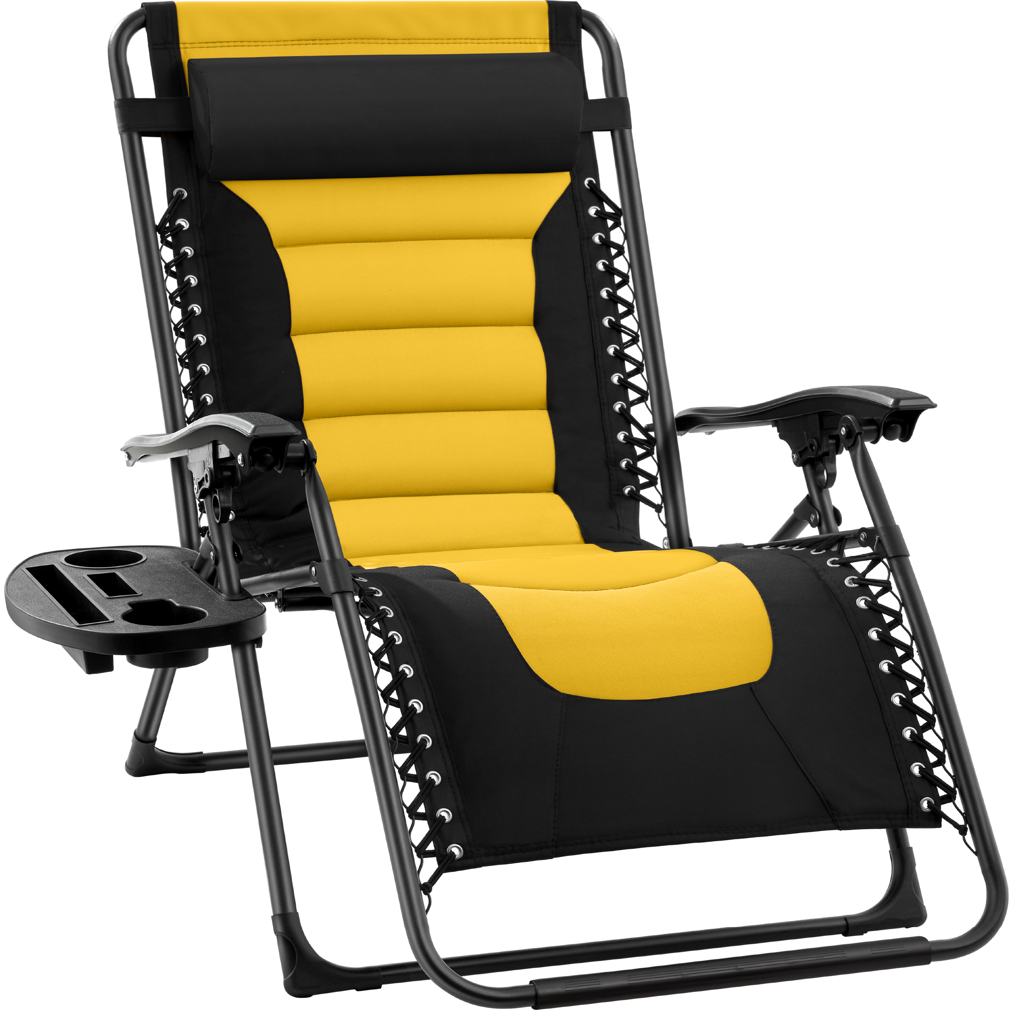 Oversized Padded Zero Gravity Chair, Folding Outdoor Patio Recliner w/ Side Tray - Black/Yellow - Best Choice Products Online