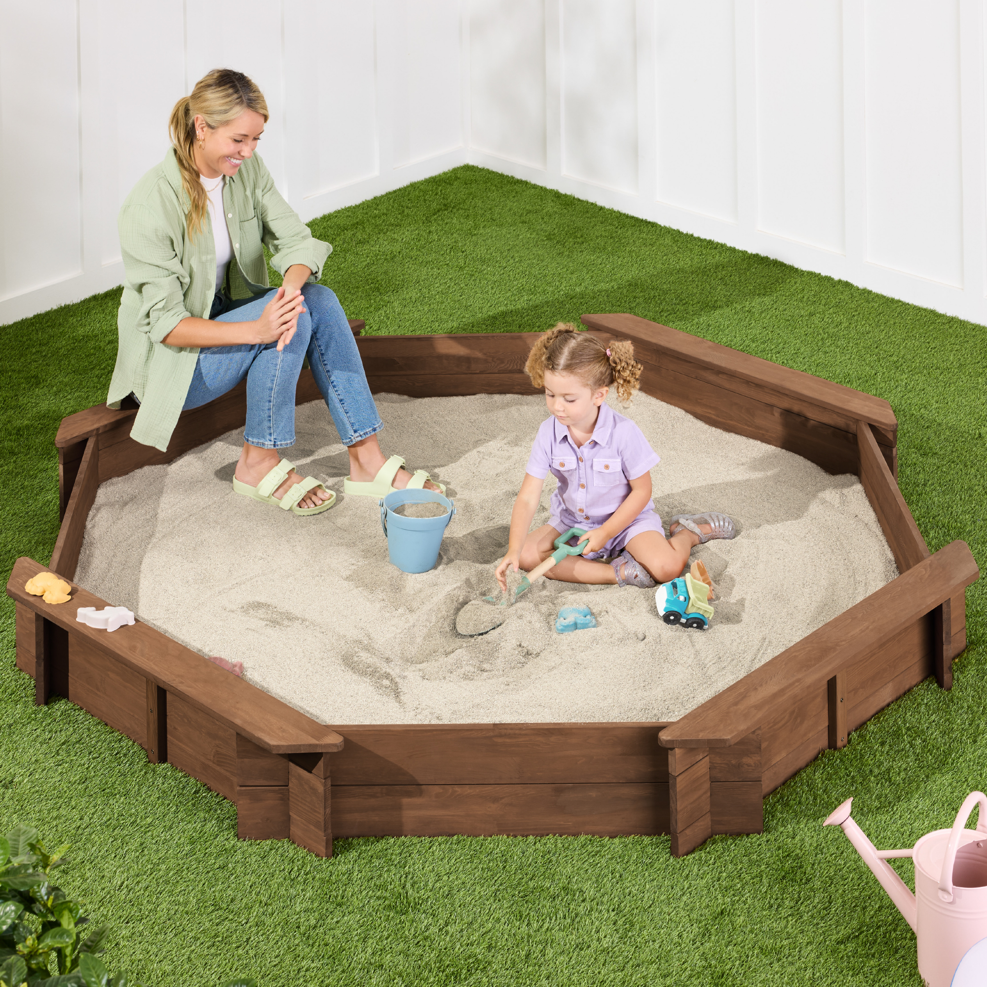 Kids Octagonal Wooden Outdoor Sandbox w/ Benches, 8 Seats, Cover, XL Sandpit, Liner - Walnut - Best Choice Products Online