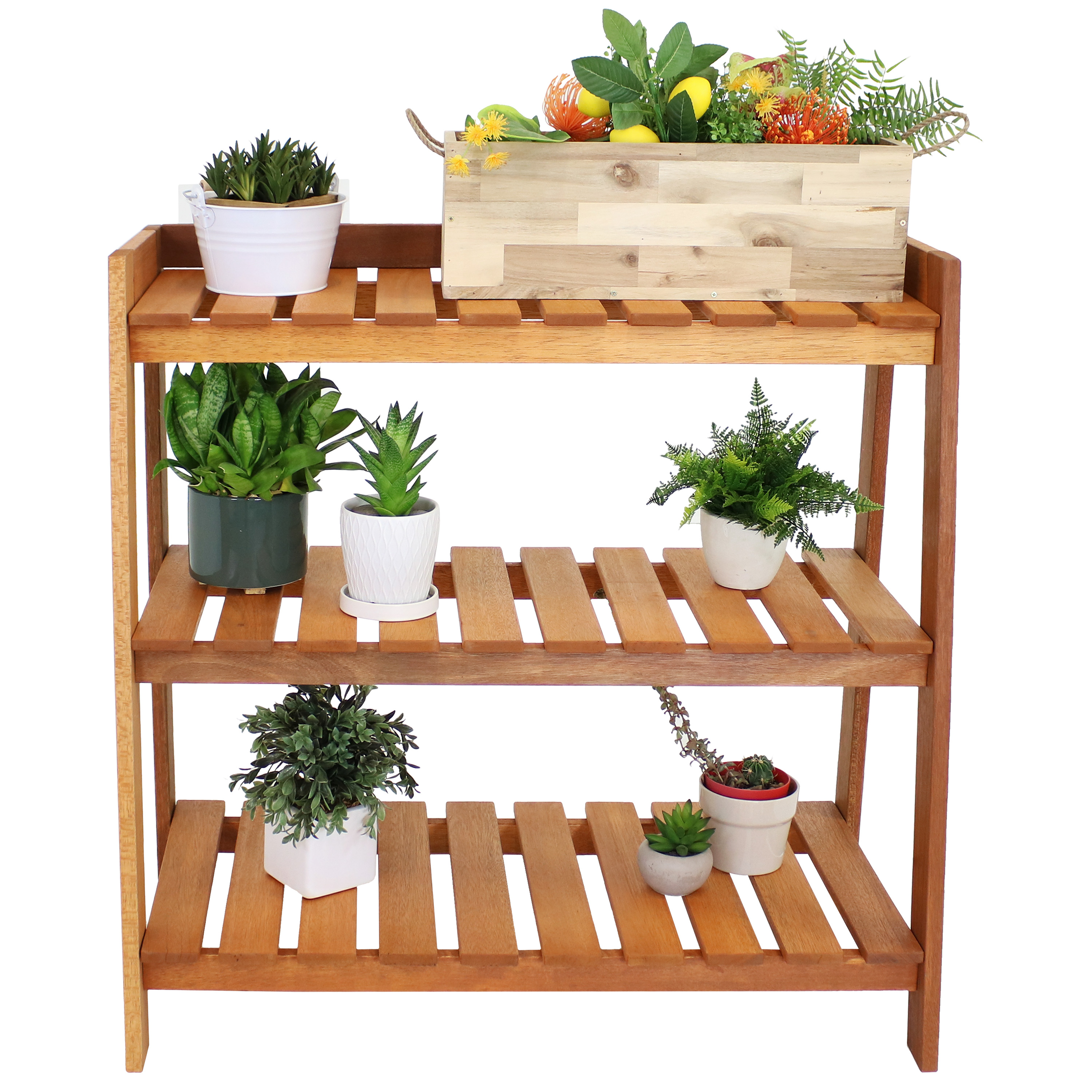 Sunnydaze Meranti Wood Garden Shelf with Teak Oil Finish