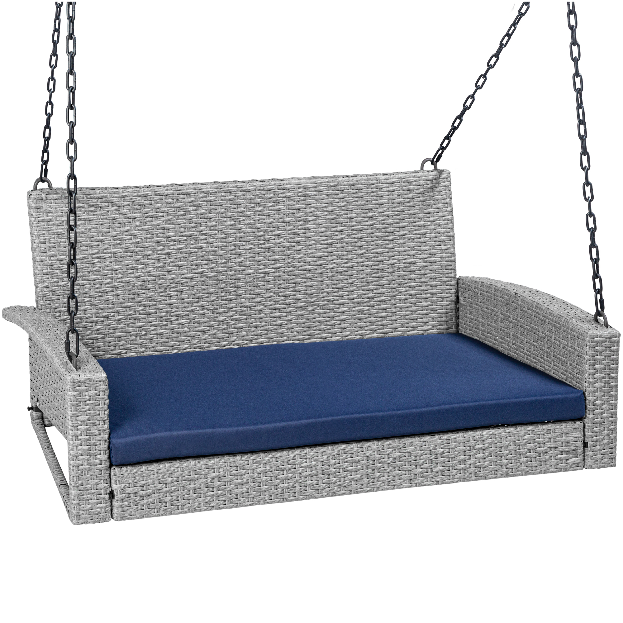 Woven Wicker Hanging Porch Swing Bench For Patio, Deck w/ Mounting Chains, Seat Cushion - Gray/Navy | Best Choice Products Online