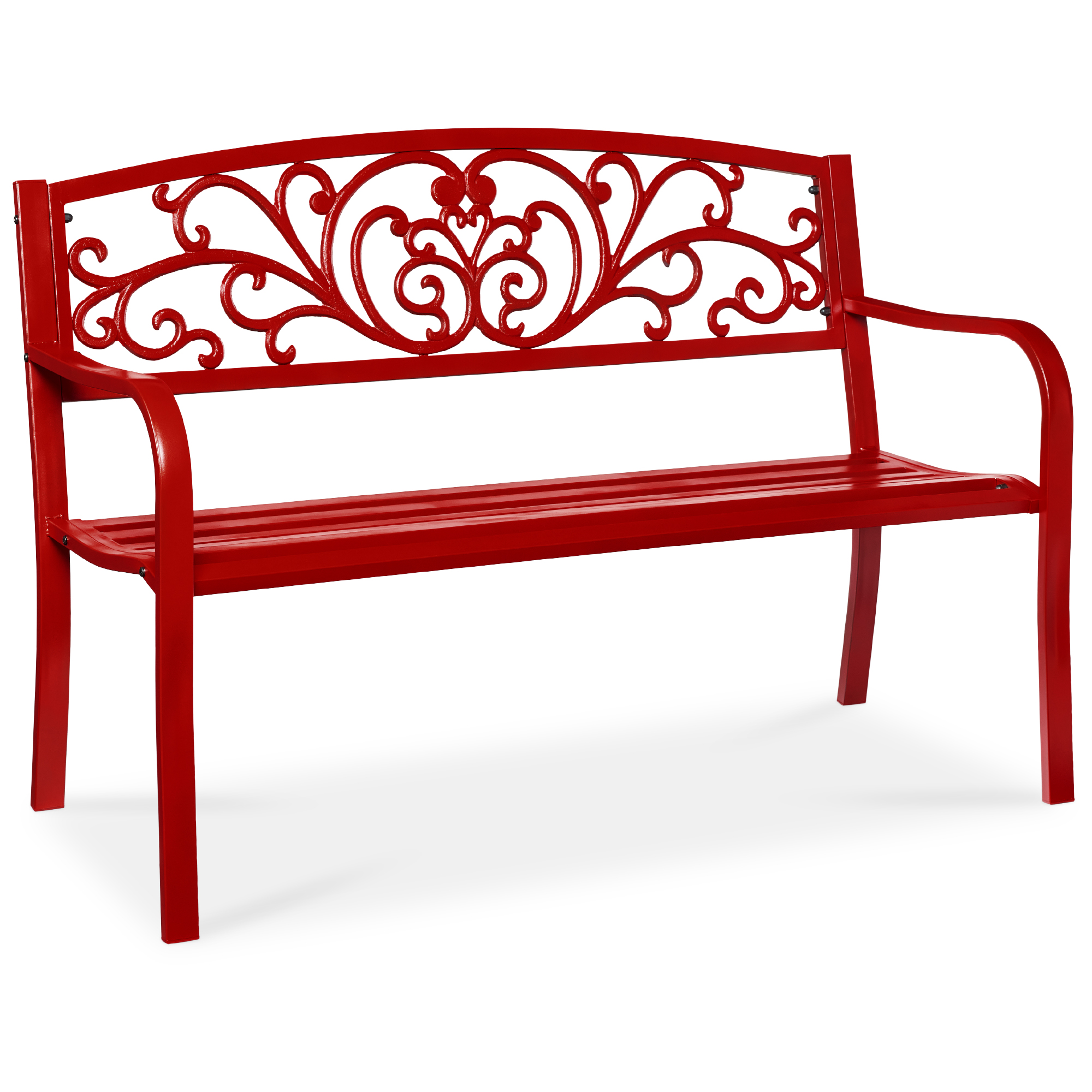 50in Outdoor Patio Garden Bench, Park Yard Furniture Porch Chair w/ Steel Frame, Slatted Seat, Floral Design - Red - Best Choice Products
