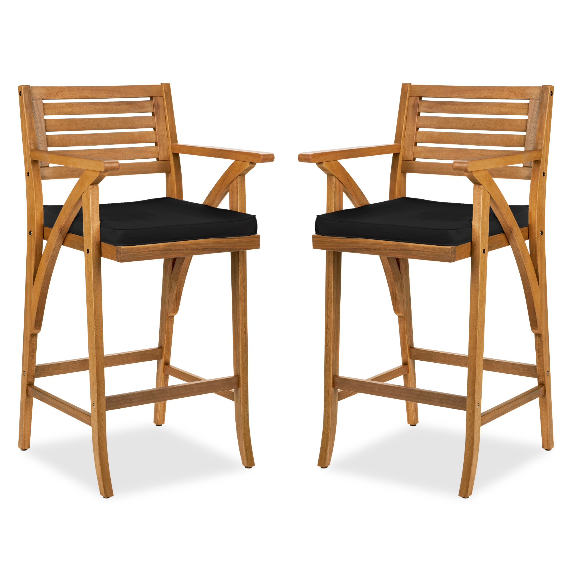 2 Outdoor Acacia Wood Bar Stools, Bar Chairs w/ Weather-Resistant Cushions - Black - Best Choice Products Online
