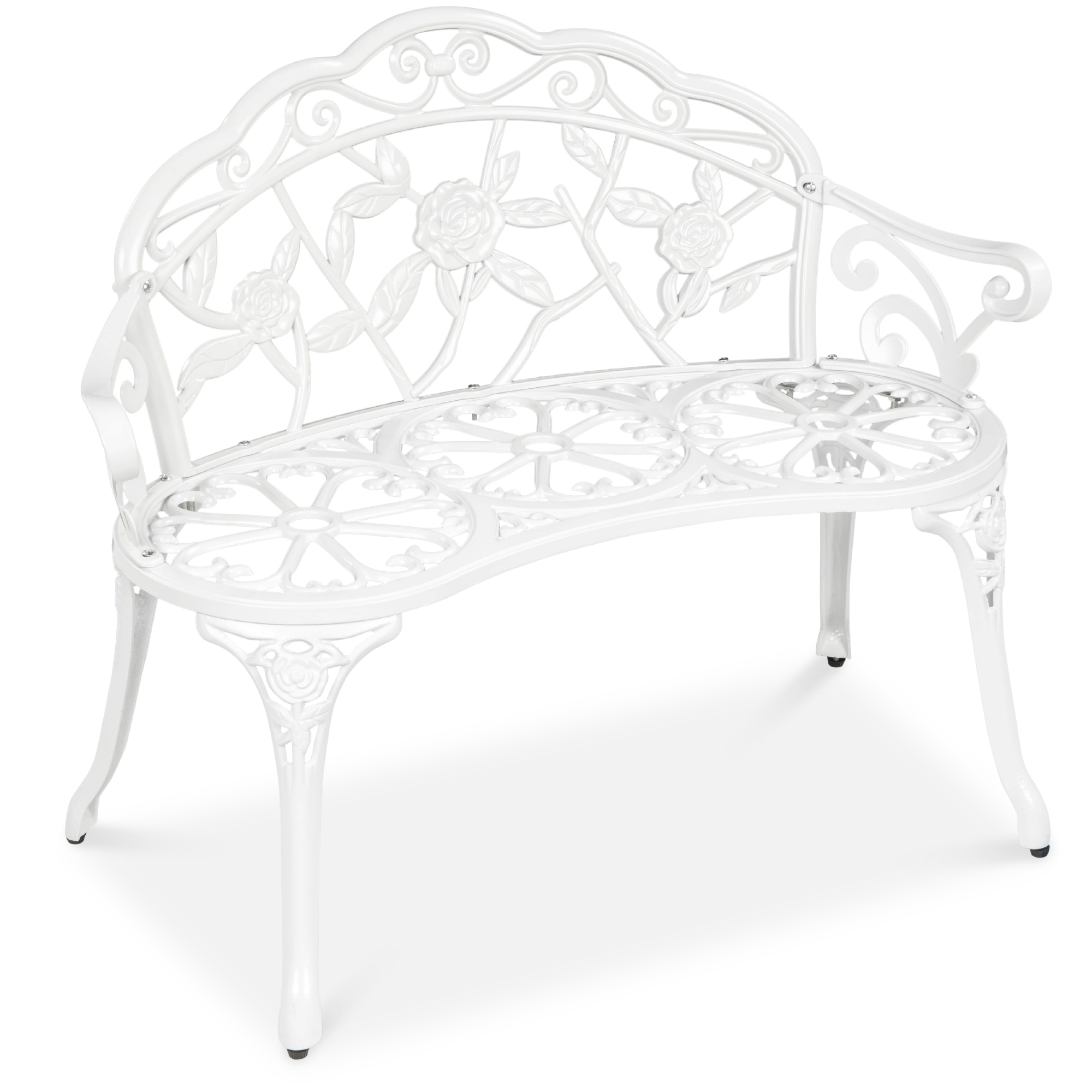 Steel Garden Bench For Outdoor, Patio, Park w/ Floral Rose Accent, Antique Finish - 39in, White | Best Choice Products Online