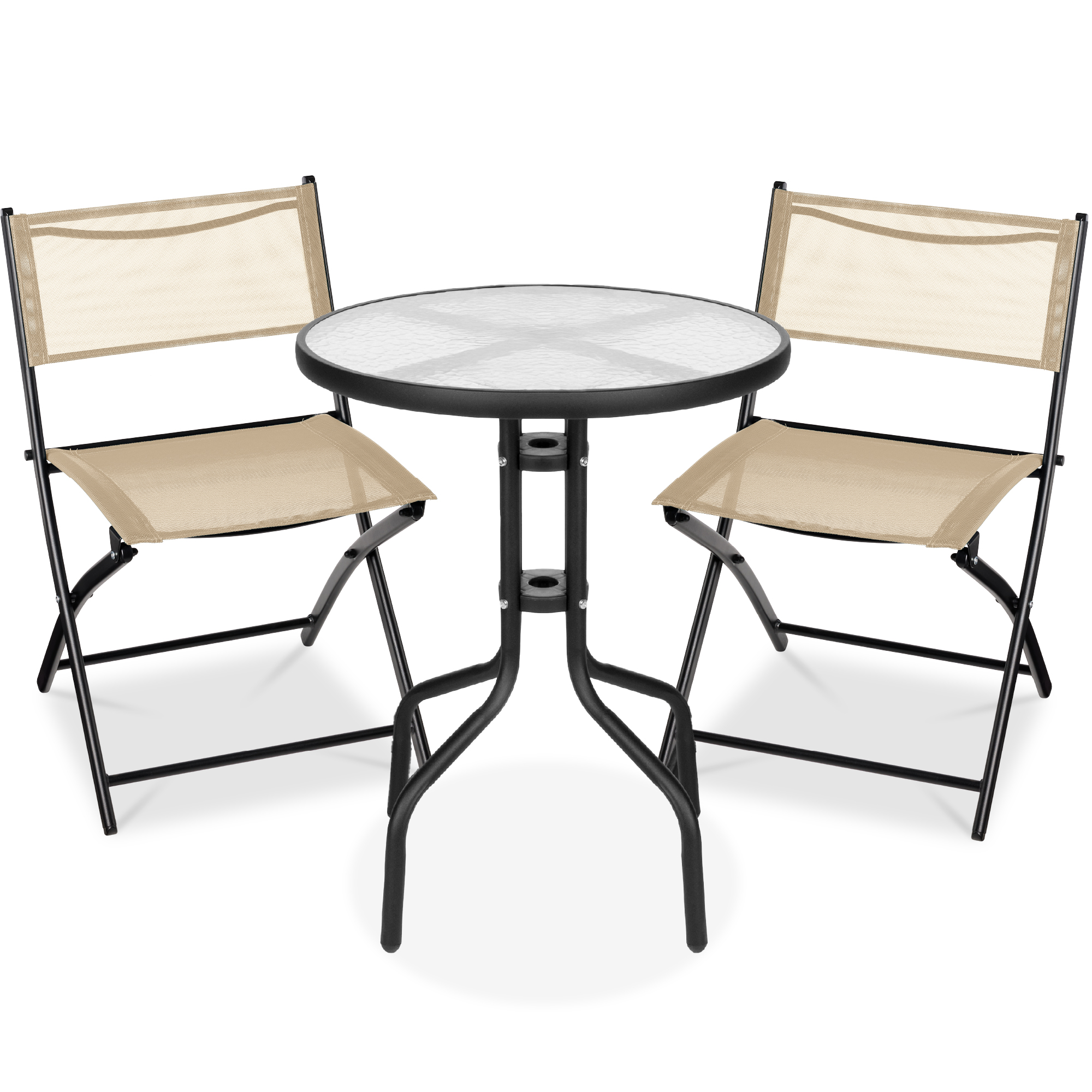 3-Piece Patio Bistro Dining Furniture Set w/ Glass Tabletop, Folding Chairs - Beige - Best Choice Products Online