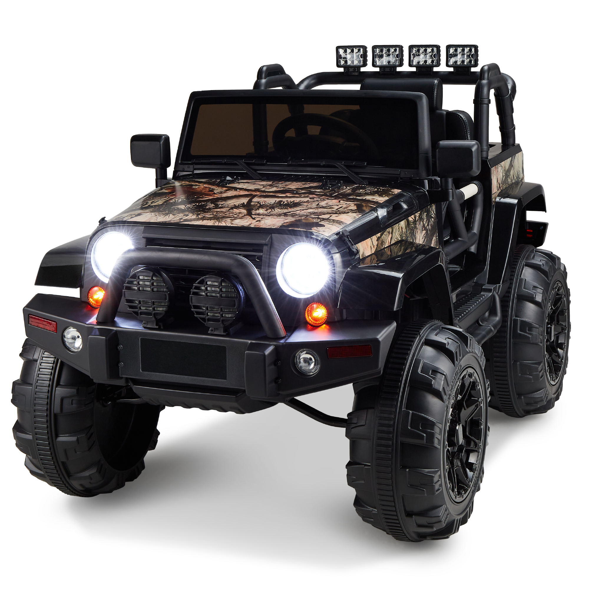 Large Ride On Truck 12V Electric Driving Car Toy For Kids w/ Parental Remote Control, Bluetooth, LED Lights - Camo - Best Choice Products