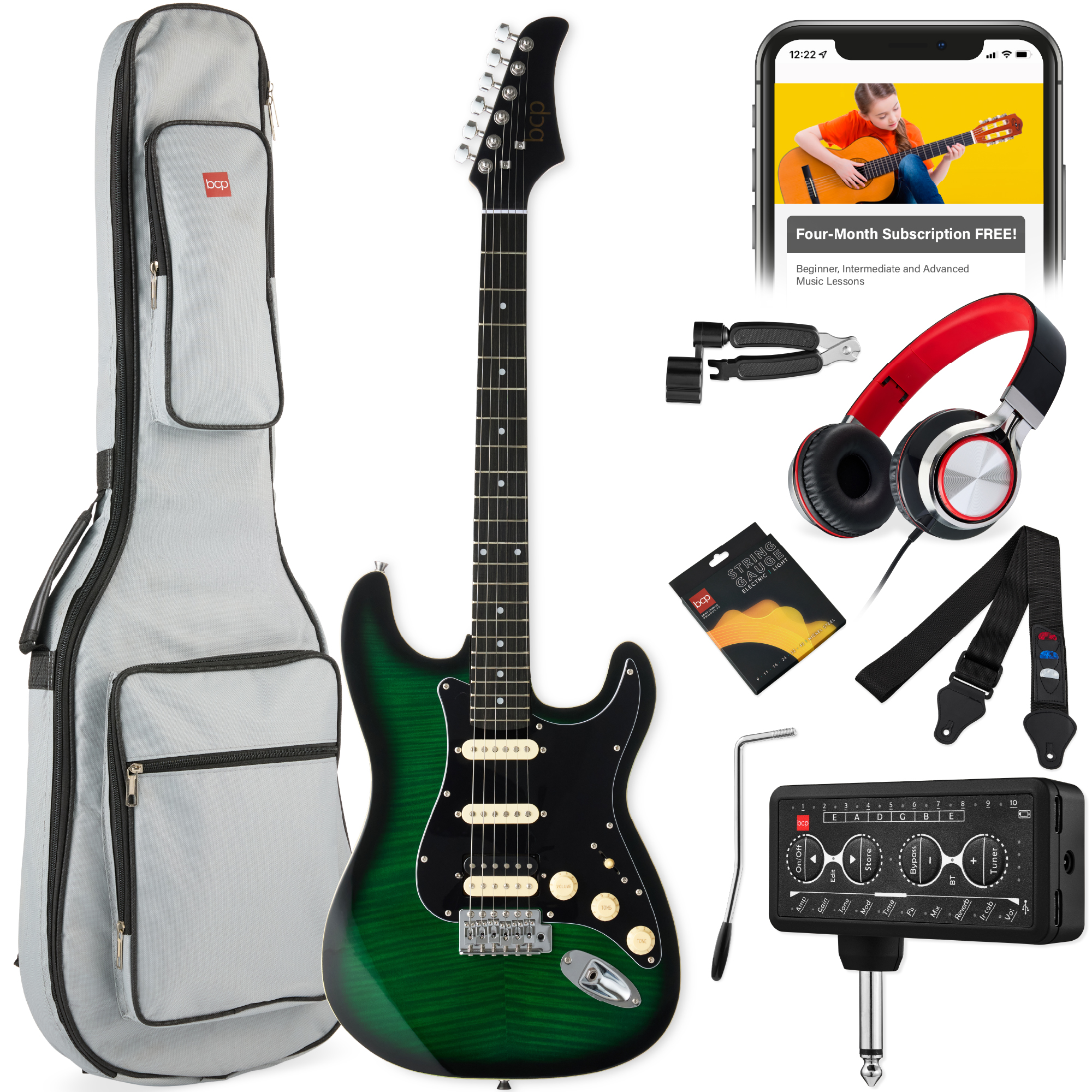 Beginner HSS Electric Guitar Kit w/ Headphone Amp, Gig-Bag, Headphones - Green Flametop/Black - Best Choice Products Online
