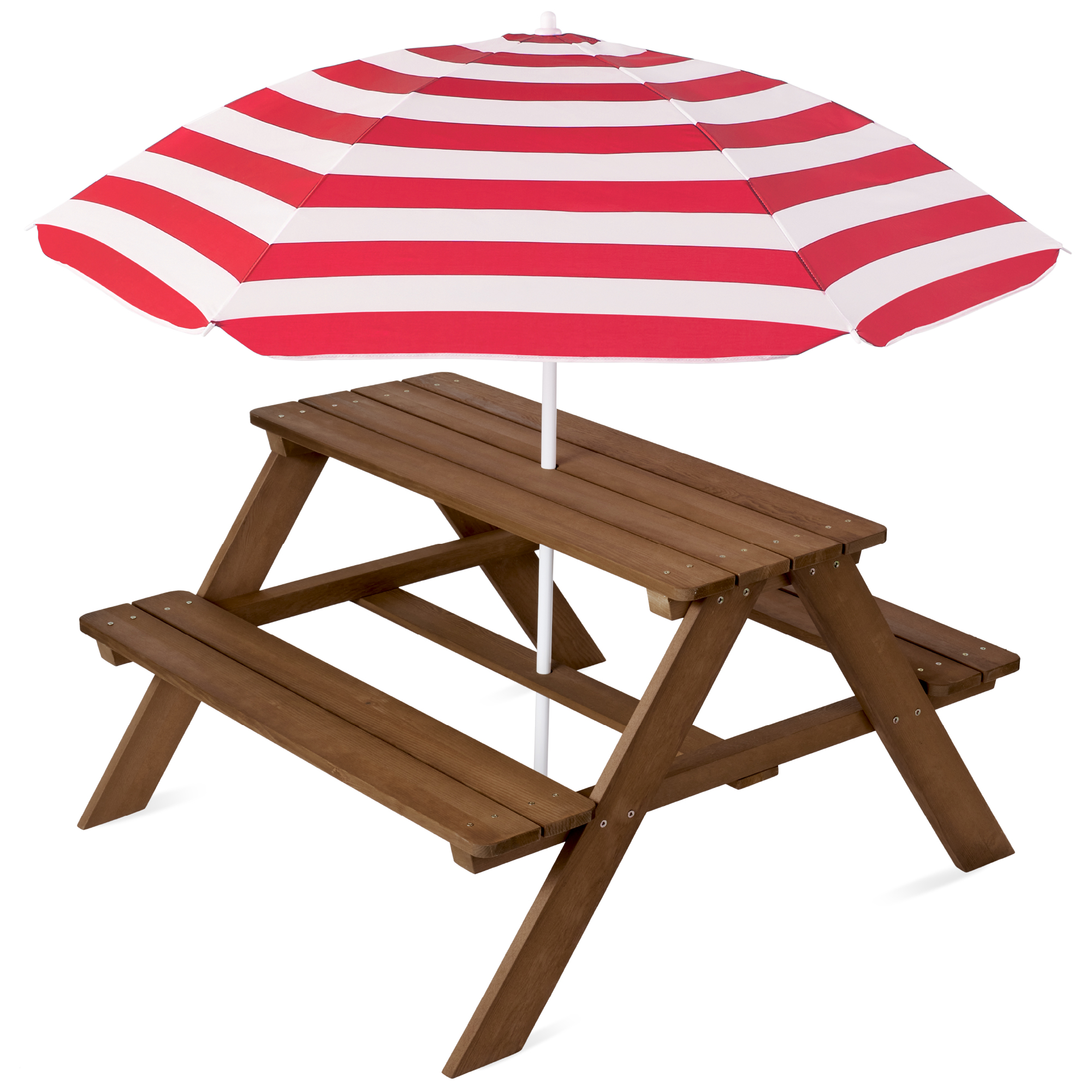 Kids Wooden Picnic Table, Outdoor Activity Table & Bench w/ Adjustable Umbrella - Walnut/Red - Best Choice Products Online