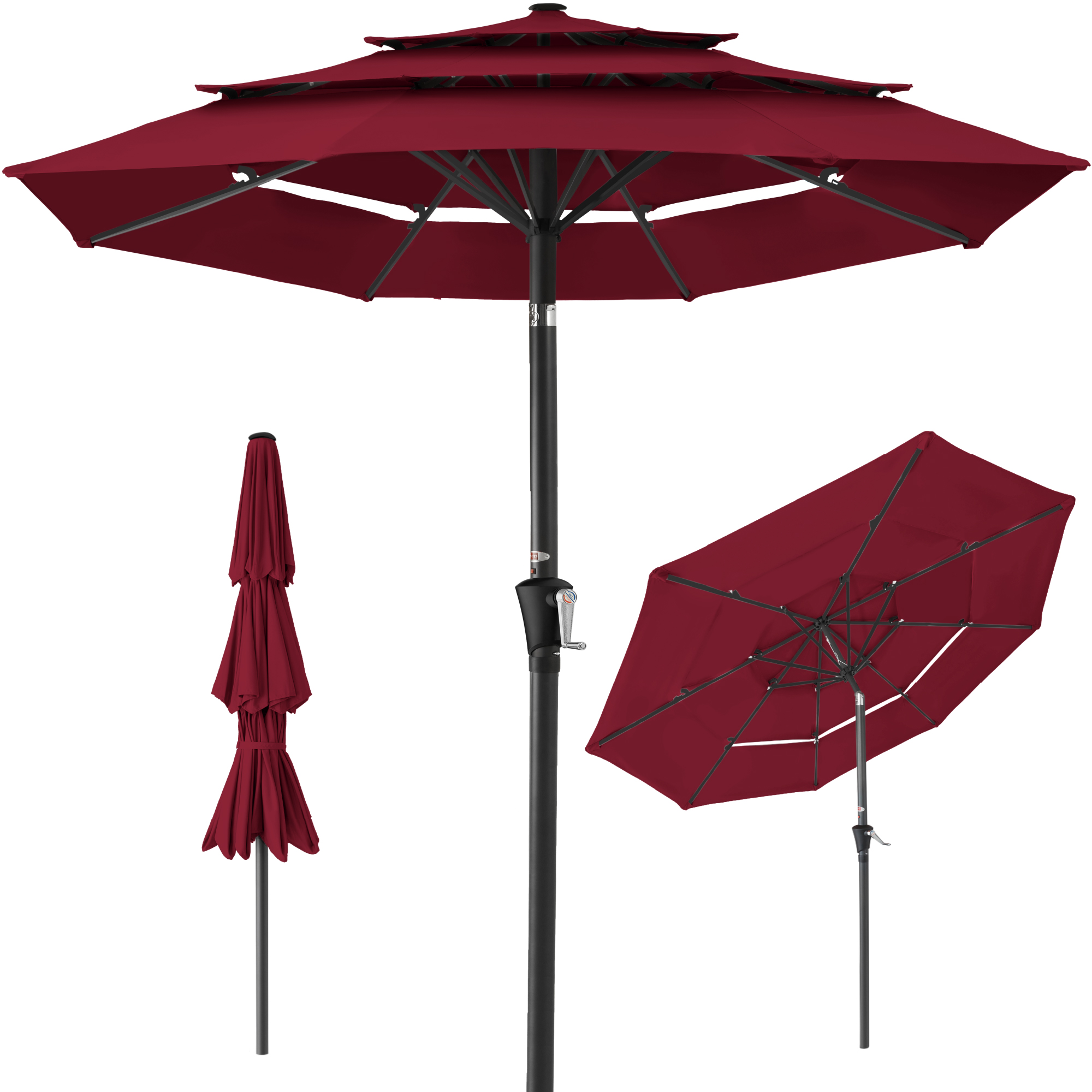 10ft 3-Tier Patio Umbrella, Market Sun Shade w/ Tilt Adjustment, Easy Crank - Burgundy - Best Choice Products Online