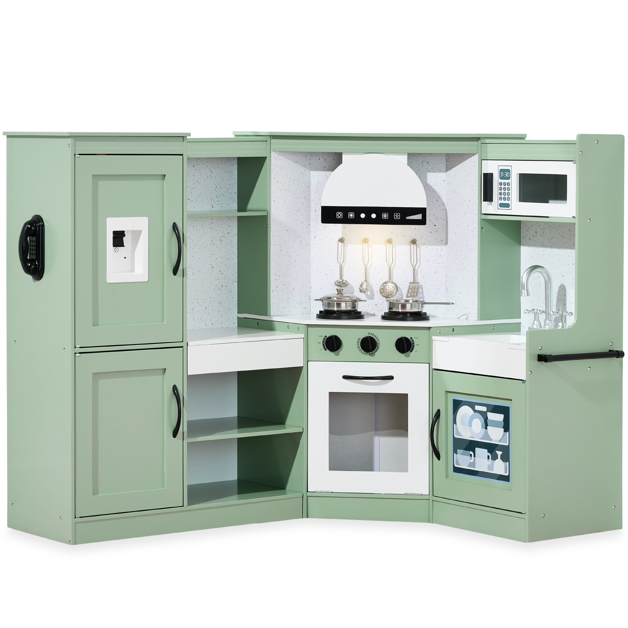 Pretend Play Corner Kitchen, Ultimate Wooden Toy Set For Kids w/ 6 Accessories - Sage - Best Choice Products Online