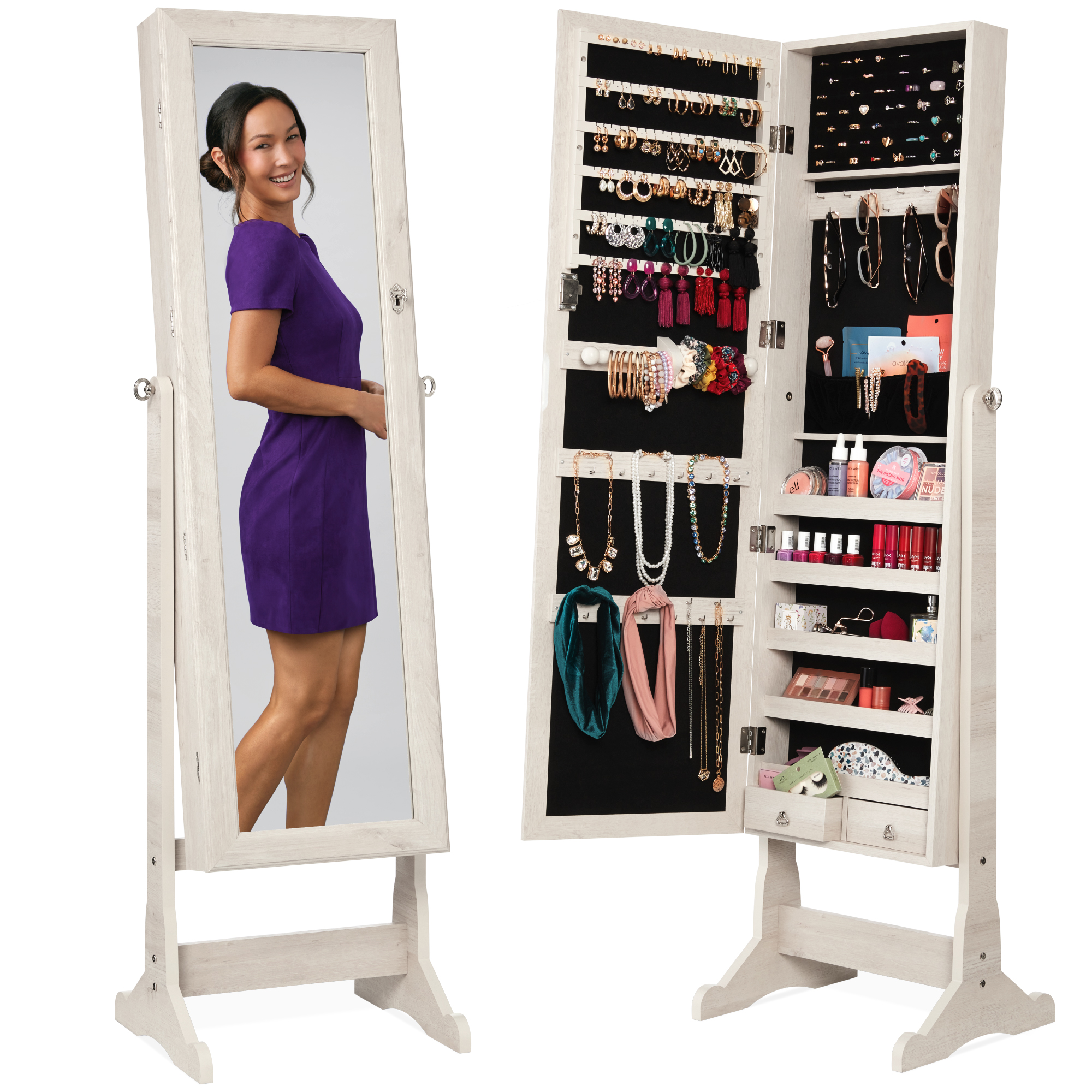 Standing Mirrored Jewelry Armoire Organizer, Lockable Full Length Storage Cabinet w/ Velvet Interior - Coastal White - Best Choice Products Online