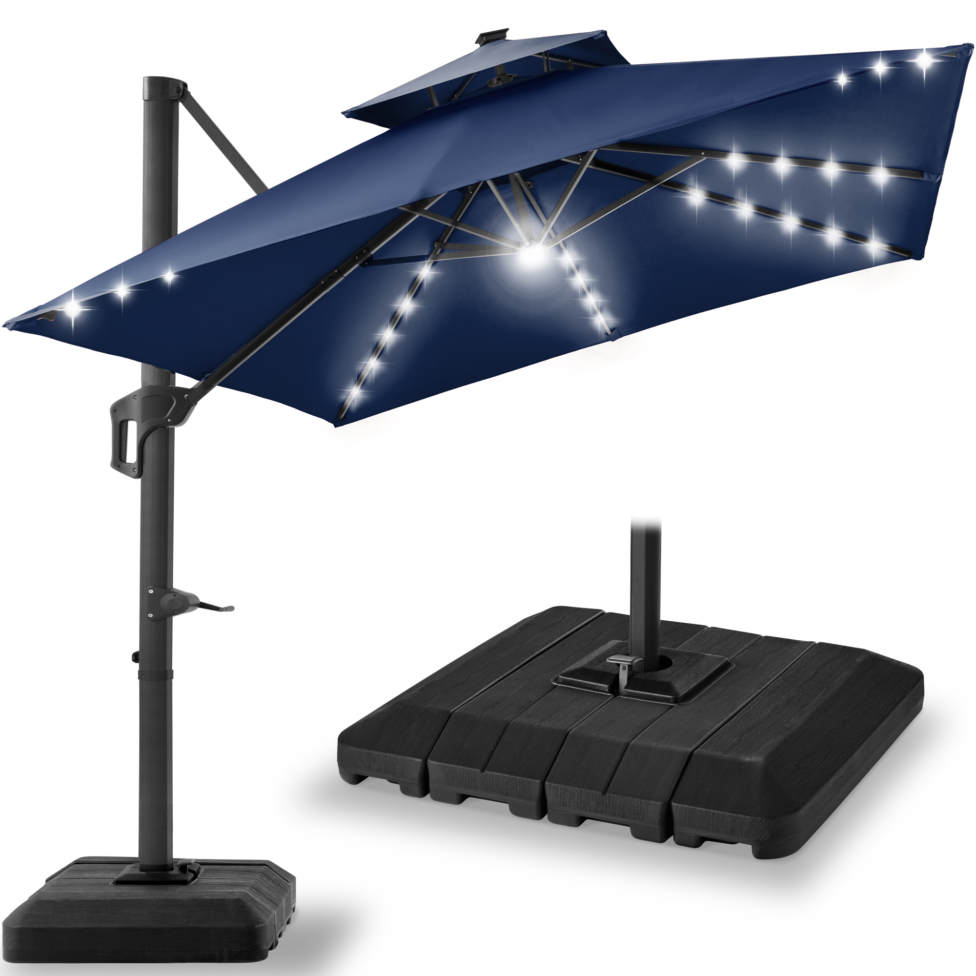 10ft 2-Tier Square Outdoor Solar LED Cantilever Patio Umbrella w/ Base Included - Navy Blue - Best Choice Products Online