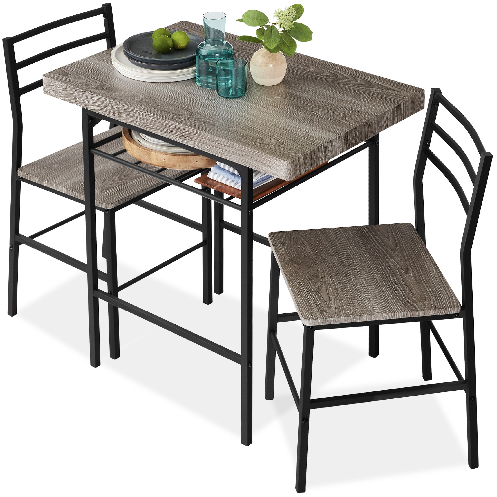 3-Piece Modern Dining Set, Square Table & Chairs Set w/ Steel Frame, Built-In Storage Rack - Gray - Best Choice Products Online