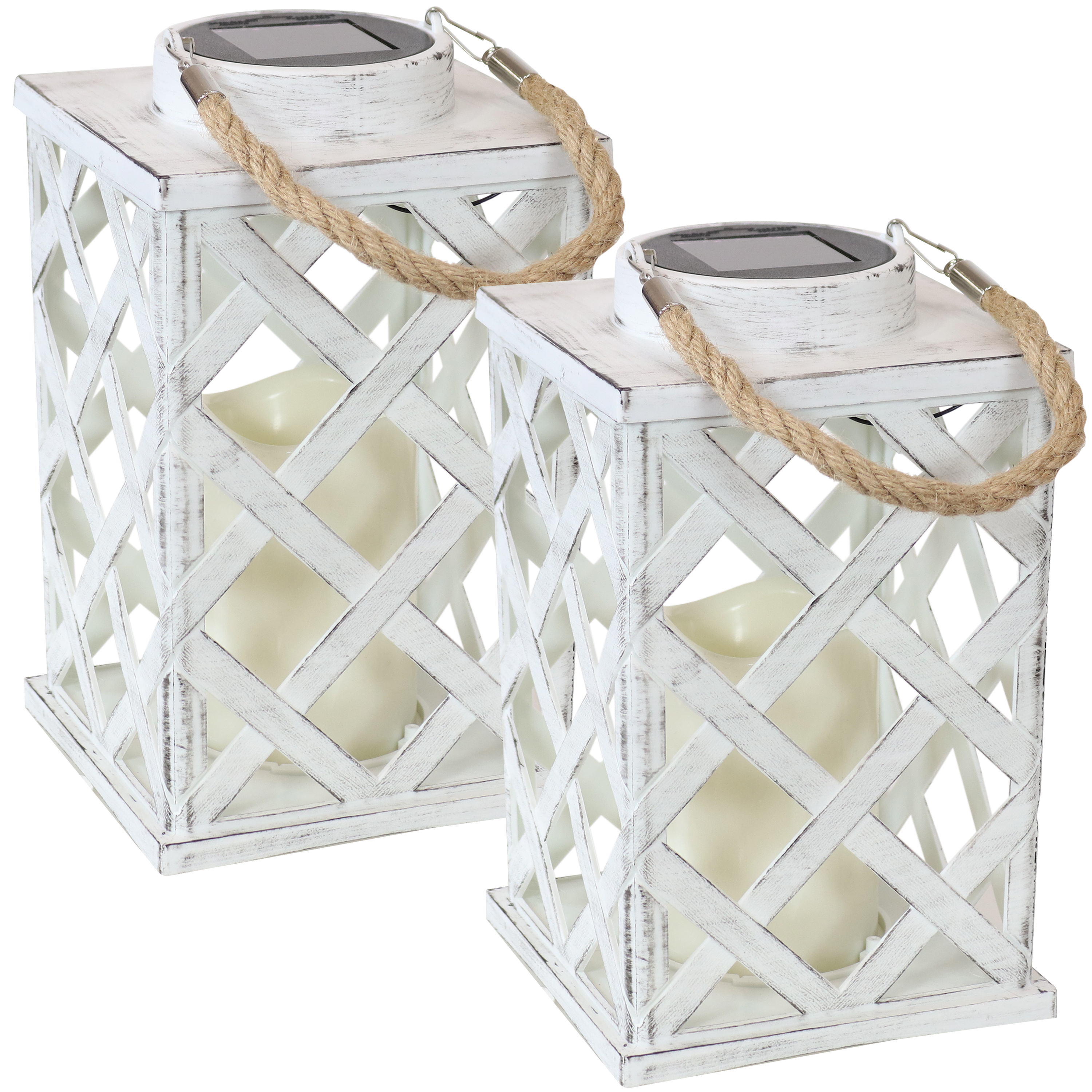 Sunnydaze Modern Crosshatch Solar LED Candle Lantern - 2-Pack - 9-Inch - White