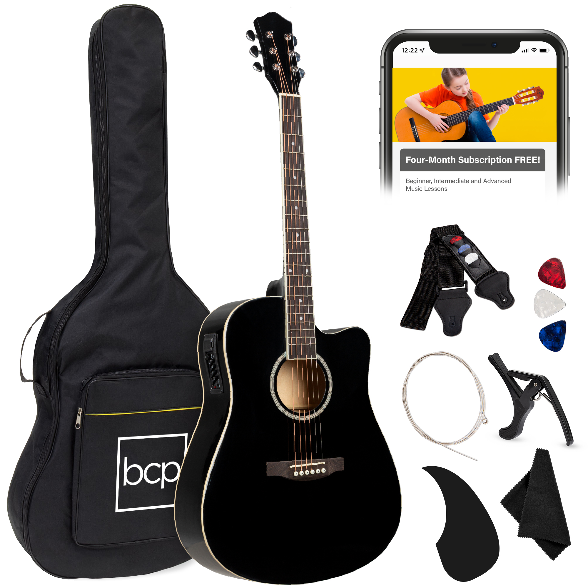 41in Full Size Acoustic Electric Cutaway Guitar Set w/ Capo, E-Tuner, Bag, Picks, Strap - Black