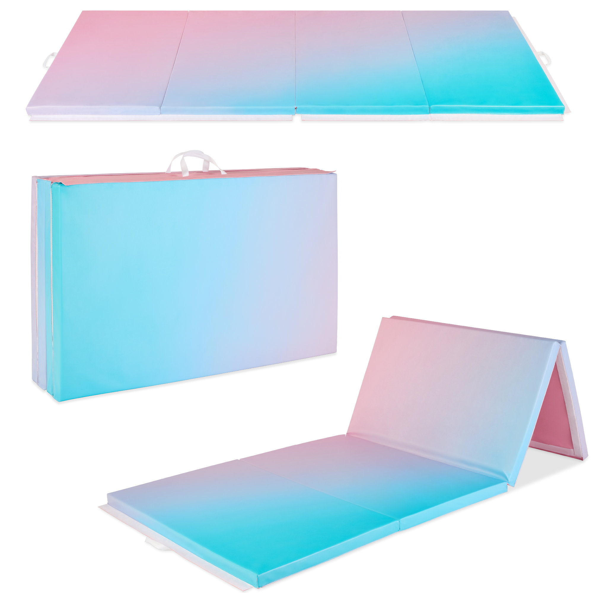 Folding Gymnastics Mat 4-Panel Exercise Workout Fitness Floor Mat w/ Handles, 10ftx4ftx2in - Rainbow Ombre - Best Choice Products Online