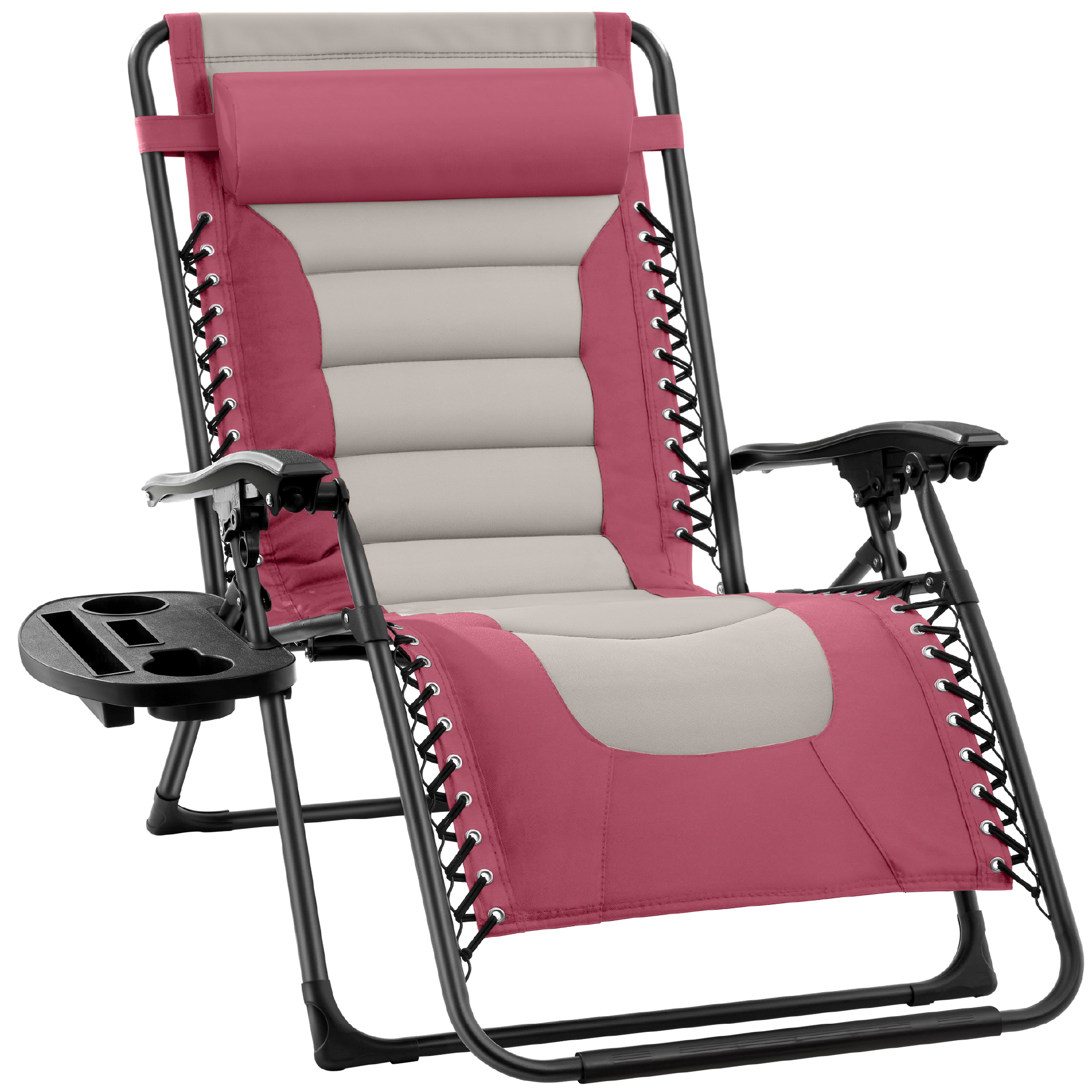 Oversized Padded Zero Gravity Chair, Folding Outdoor Patio Recliner w/ Side Tray - Pink/Taupe - Best Choice Products Online