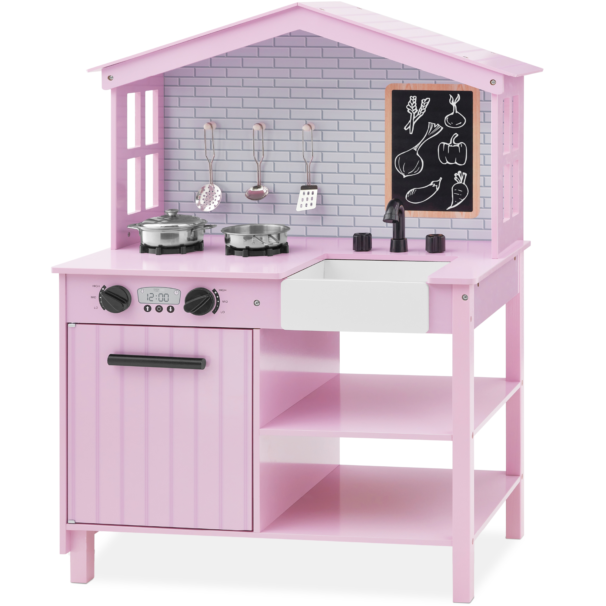 Farmhouse Wooden Play Kitchen Toy Set For Kids w/ Chalkboard, Storage Shelves, 5 Accessories - Pink - Best Choice Products Online