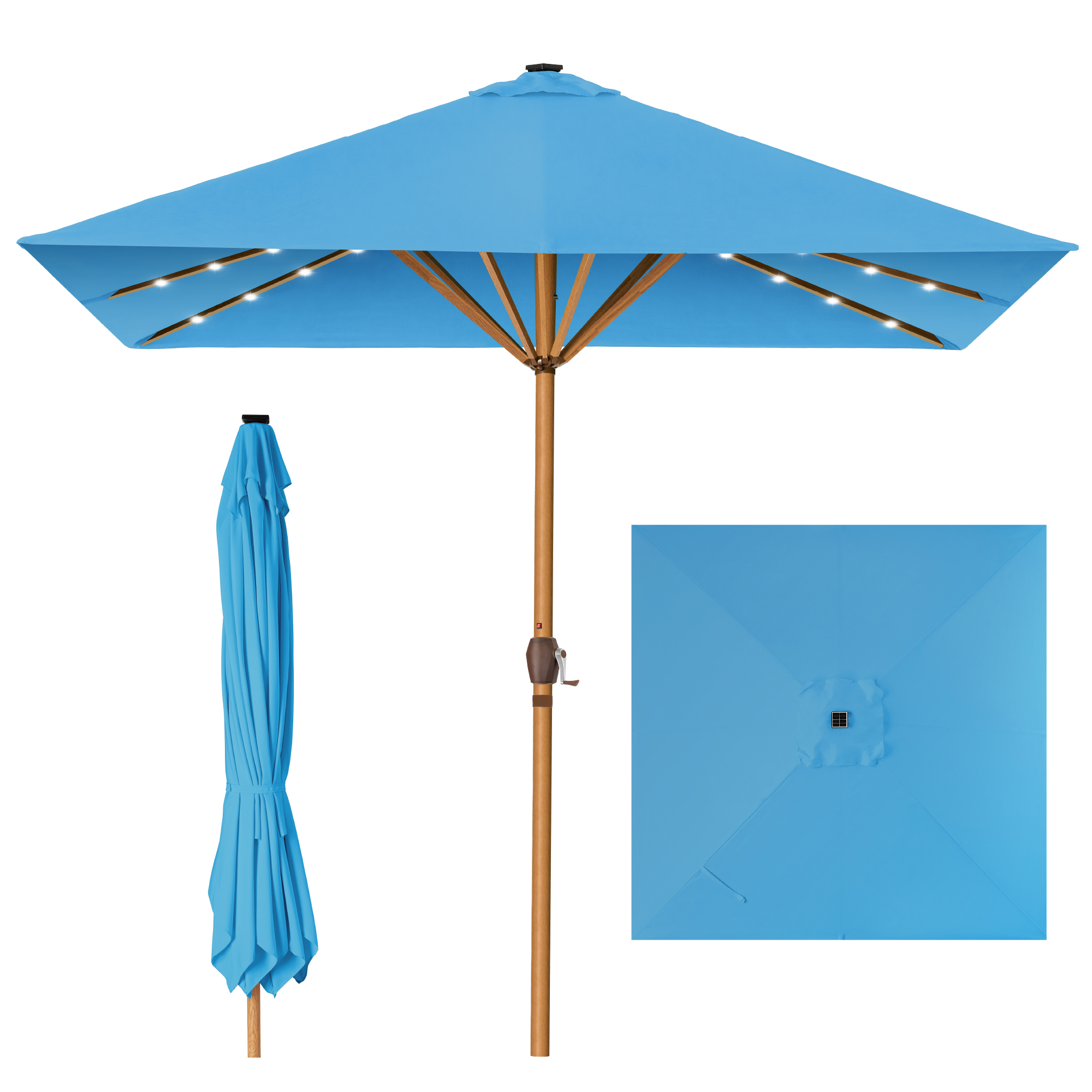 9ft Deep Square Solar LED Lighted Patio Umbrella w/ Faux Wood Texture, UV-Resistant - Sky Blue - Best Choice Products Online