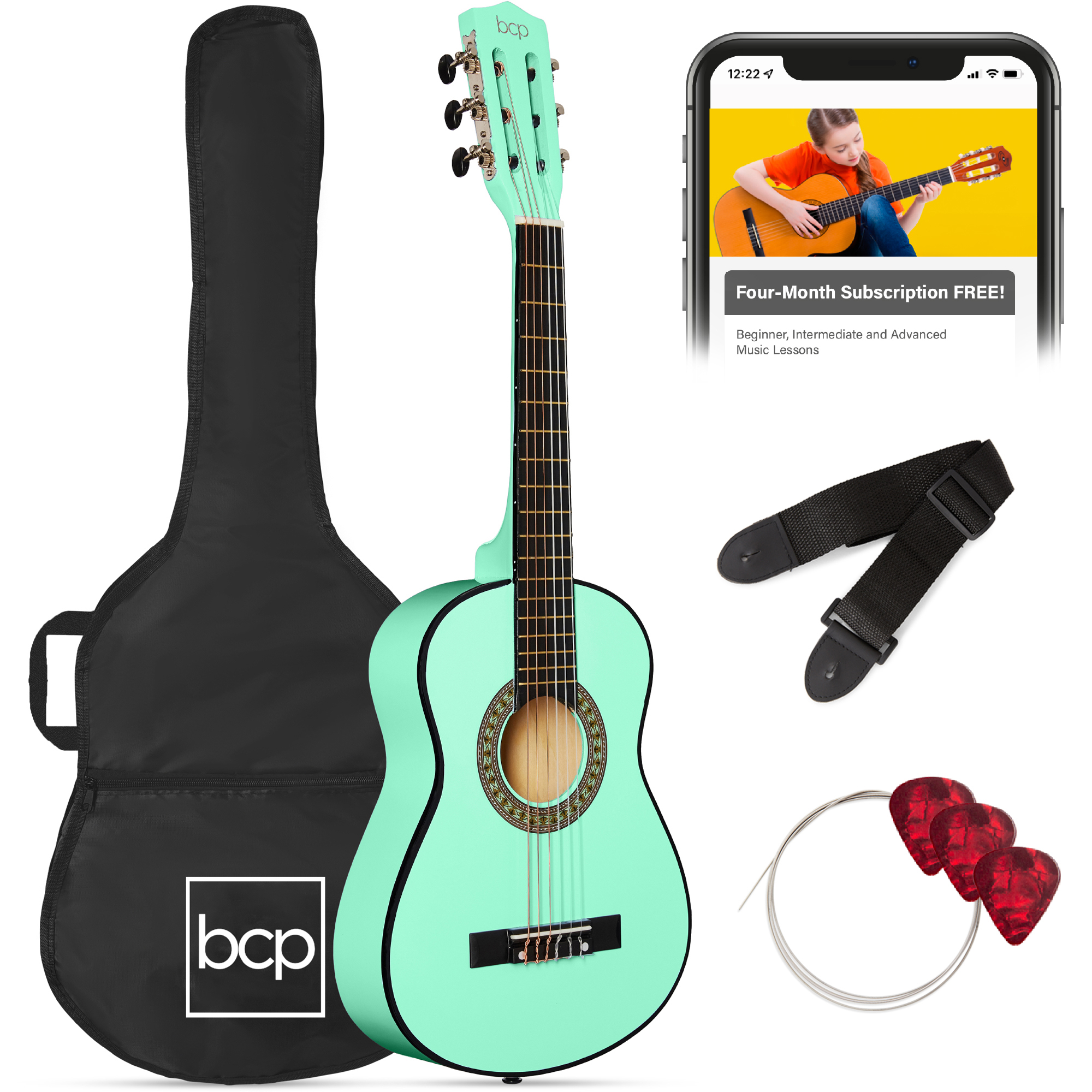 30in Kids Classical Acoustic Guitar Beginners Set w/ Carry Bag, Picks, E-Tuner, Strap - SoCal Green - Best Choice Products Online