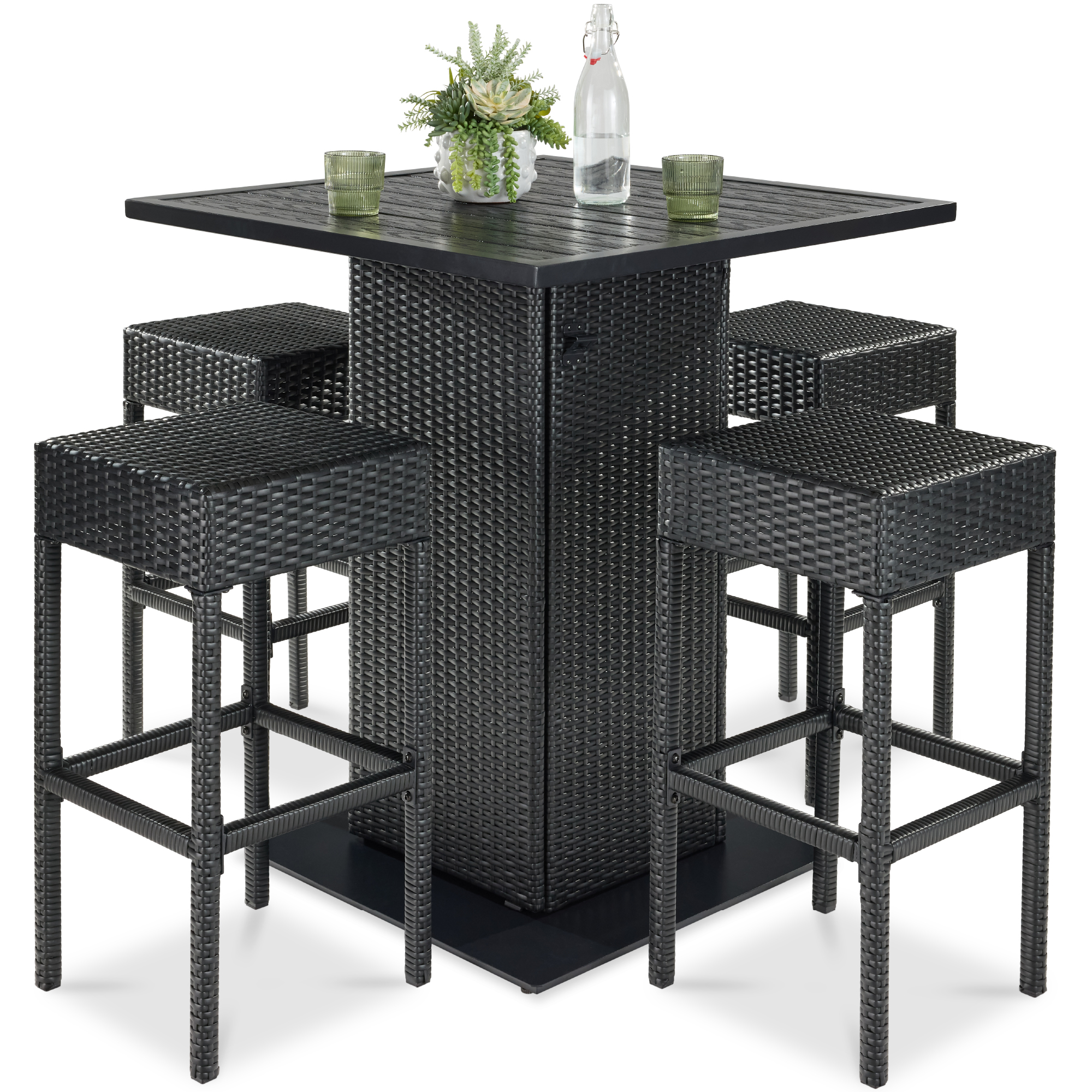 5pc Patio Wicker Bar Set w/ Built-In Bottle Opener, Hidden Storage Shelf, 4 Stools - Black - Best Choice Products Online