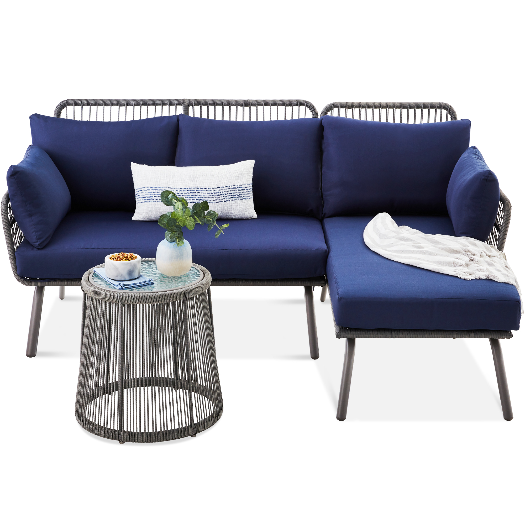 Rope Woven Outdoor Sectional, L-Shape Sofa Conversational Set w/ Detachable Lounger, Table - Gray/Navy | Best Choice Products Online
