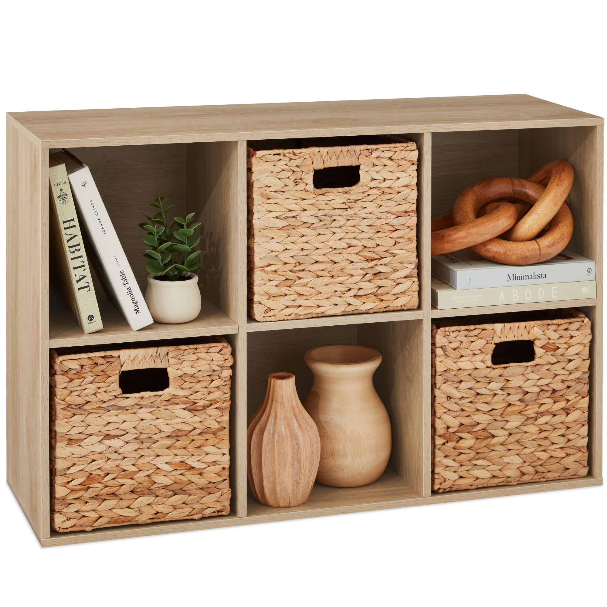 6-Cube Bookshelf, 11in Display Storage System, Customizable Organizer w/ Removable Back Panels - Light Oak - Best Choice Products Online