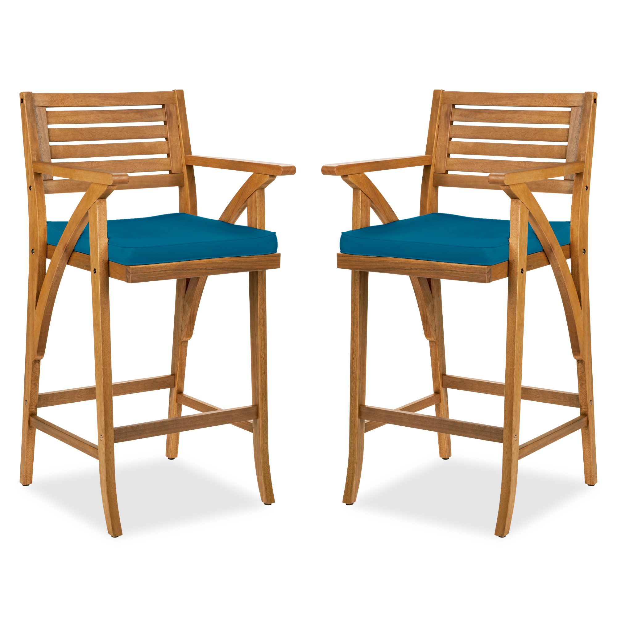 2 Outdoor Acacia Wood Bar Stools, Bar Chairs w/ Weather-Resistant Cushions - Peacock Blue - Best Choice Products Online