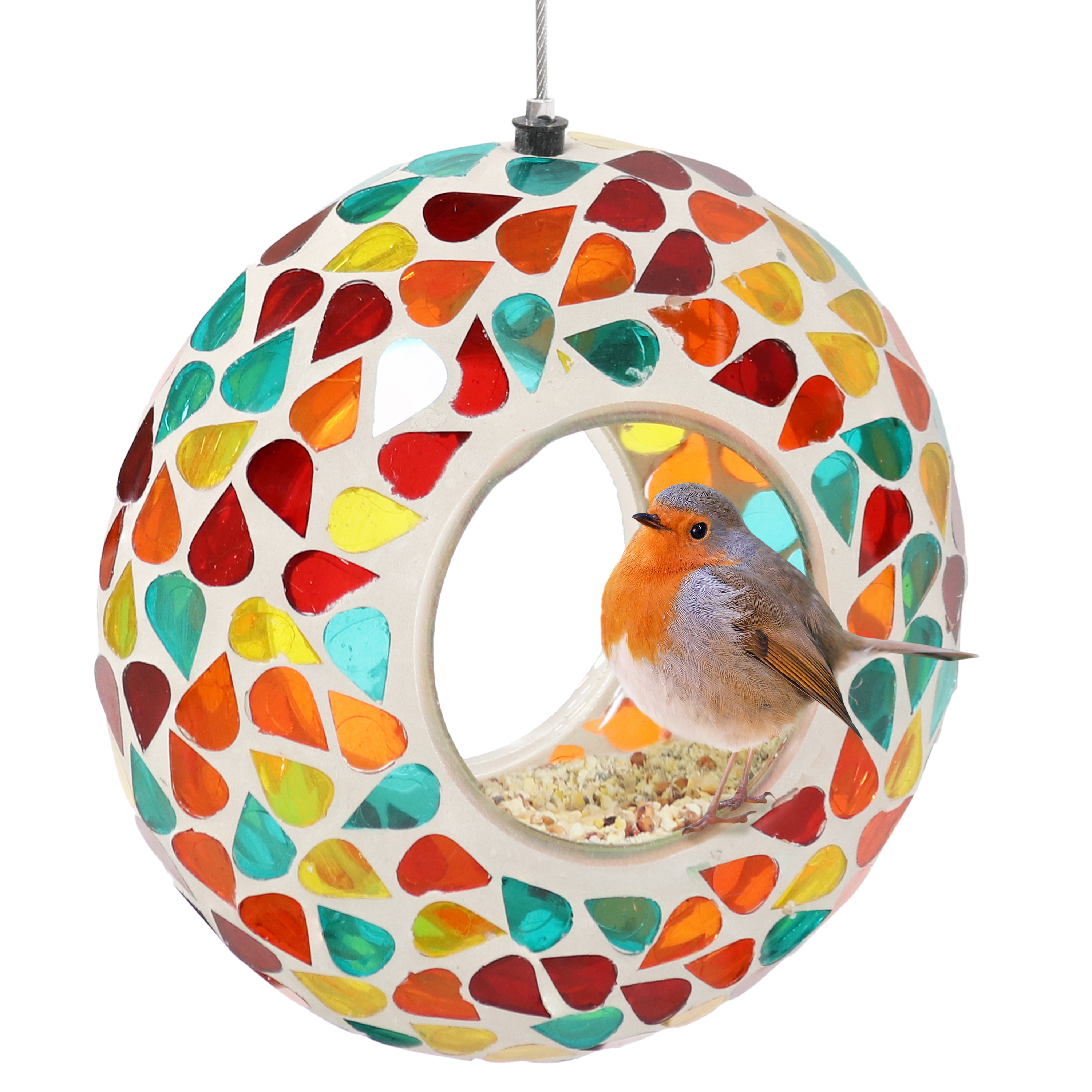 Sunnydaze Glass Mosaic Confetti Hanging Fly-Through Outdoor Bird Feeder - 6-Inch