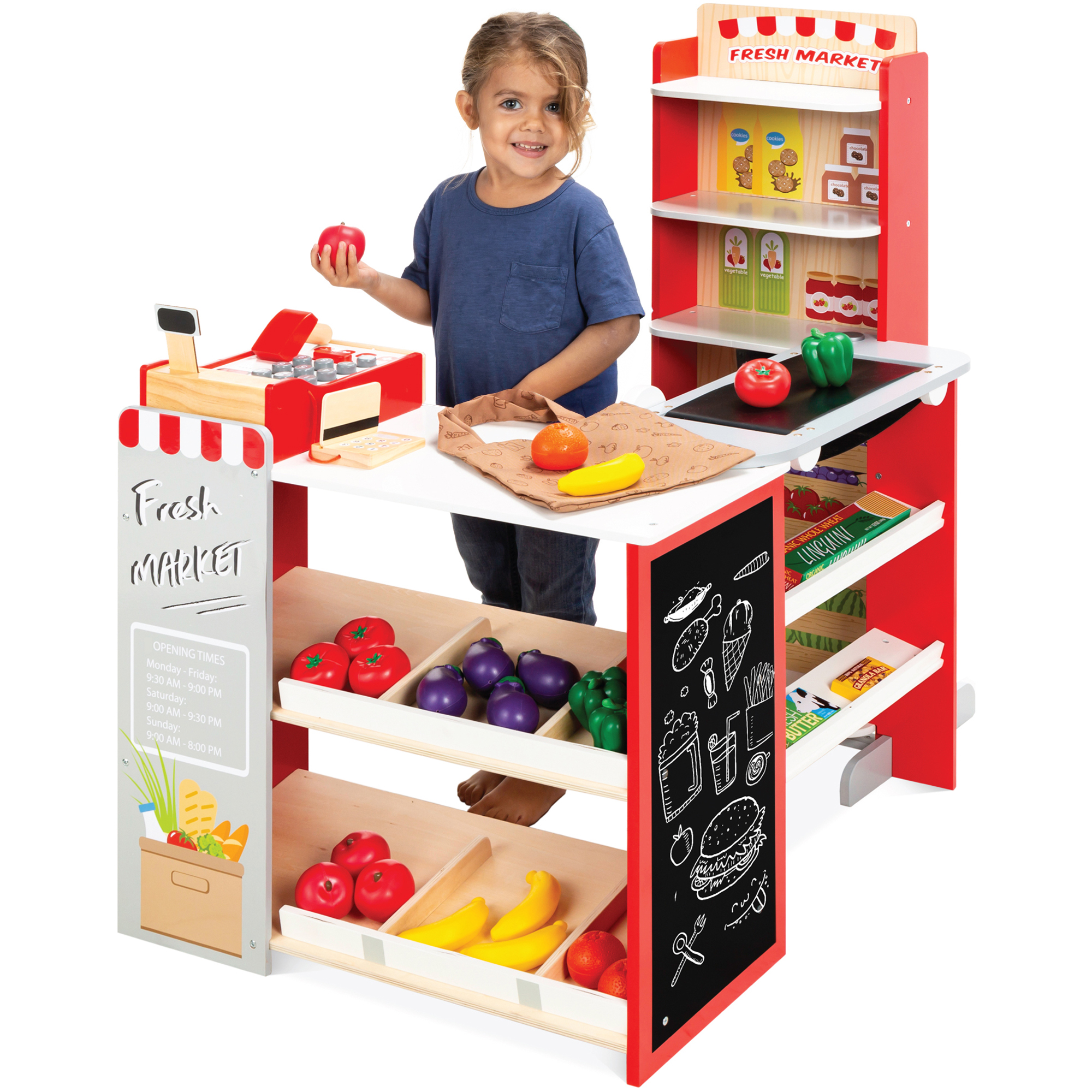Kids Pretend Play Grocery Store Wooden Supermarket Set w/ Chalkboard, Cash Register - Red - Best Choice Products Online