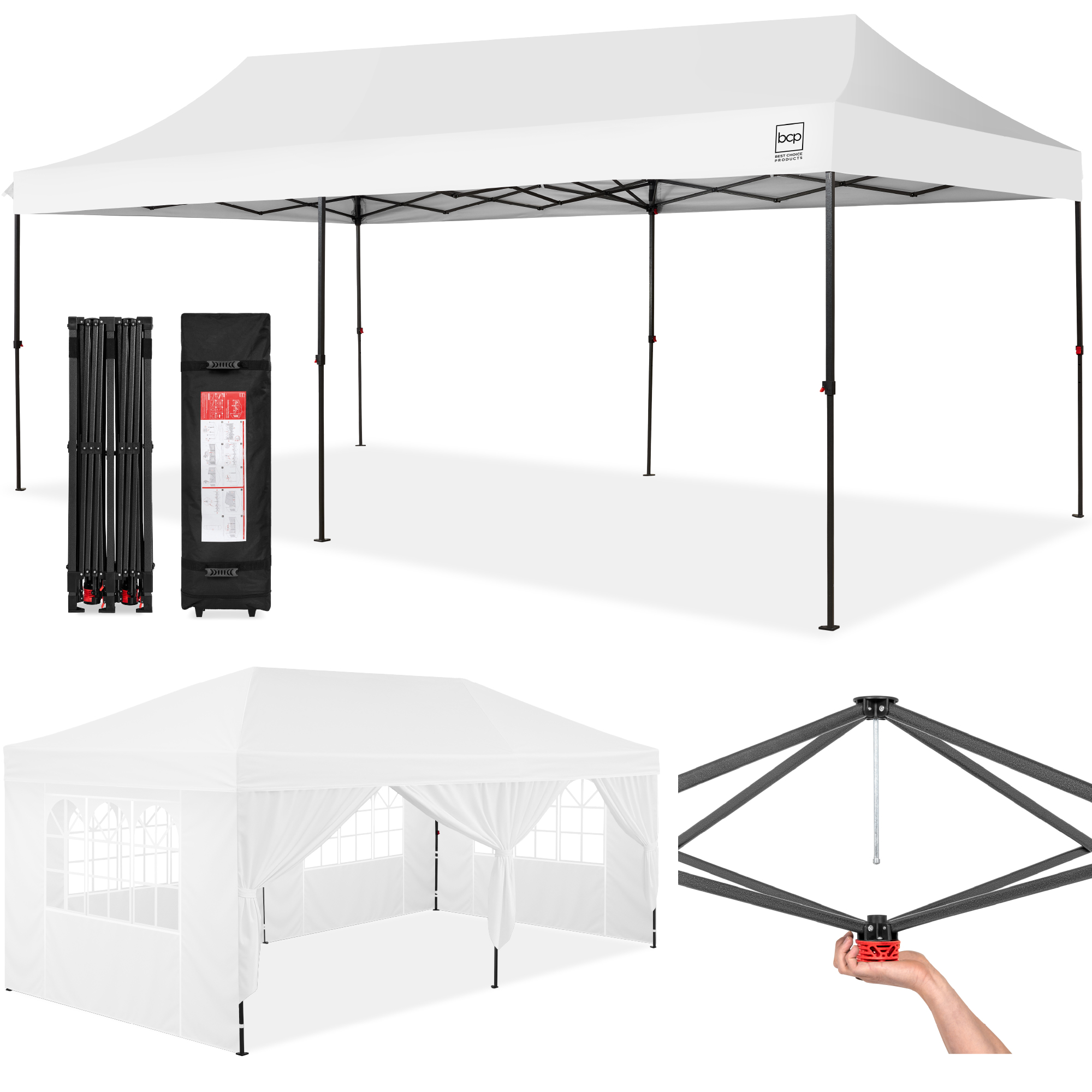 10x20ft Party Tent Pop Up Canopy Easy Setup w/ 1-Button Setup, Wheeled Case, 4 Weight Bags - White - Best Choice Products Online