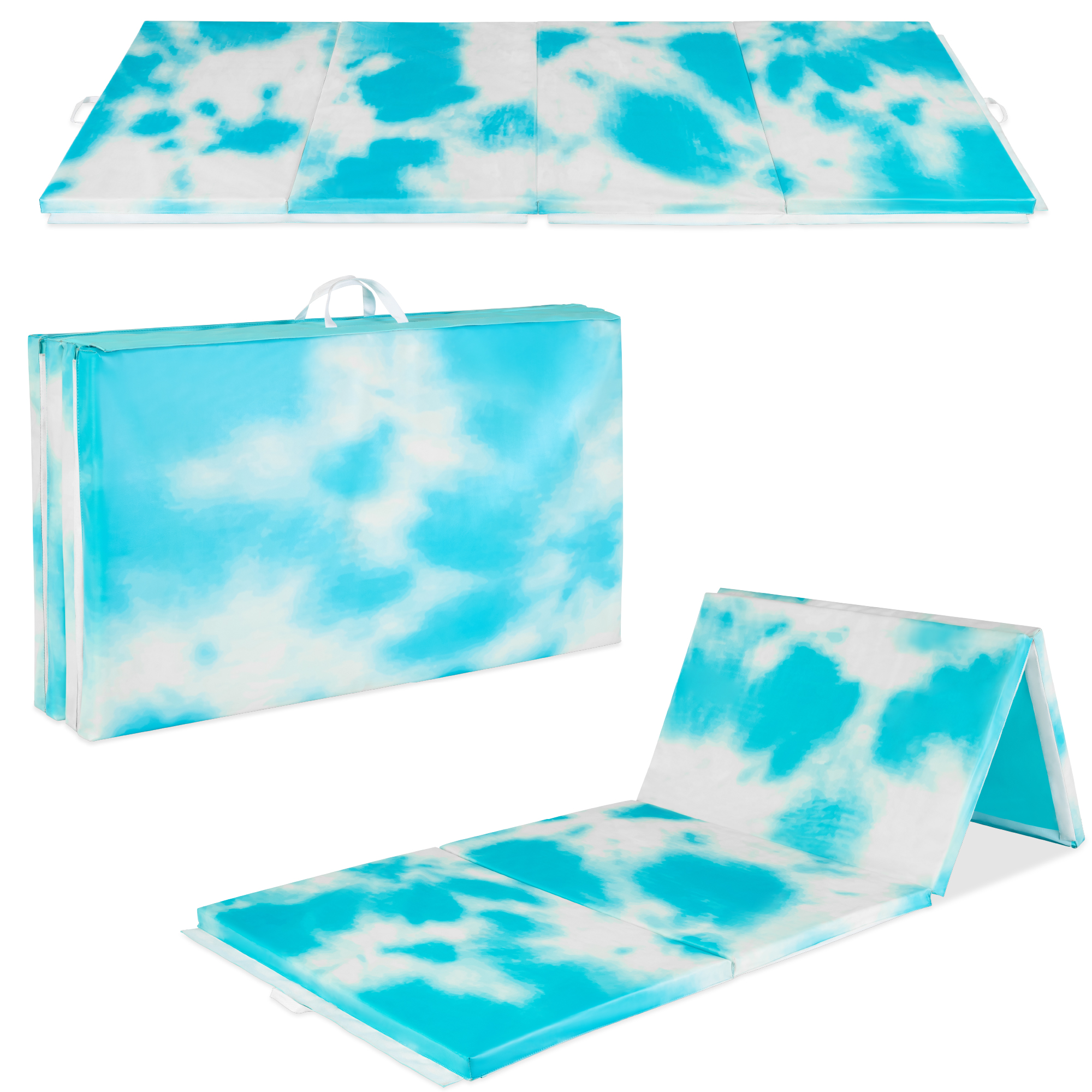 Folding Gymnastics Mat 4-Panel Exercise Workout Fitness Floor Mat w/ Handles, 10ftx4ftx2in - Tie Dye - Best Choice Products Online