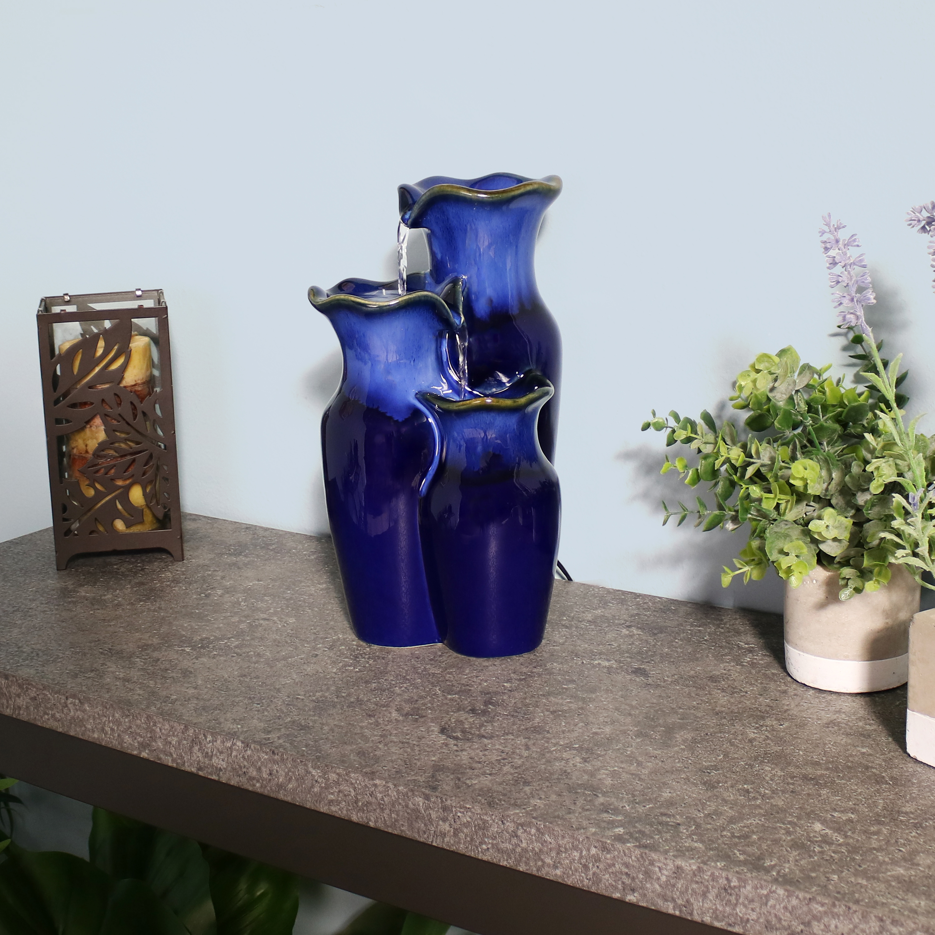 Sunnydaze Tiered Blue Ceramic Glazed Pitchers Indoor Tabletop Water Fountain - 11-Inch