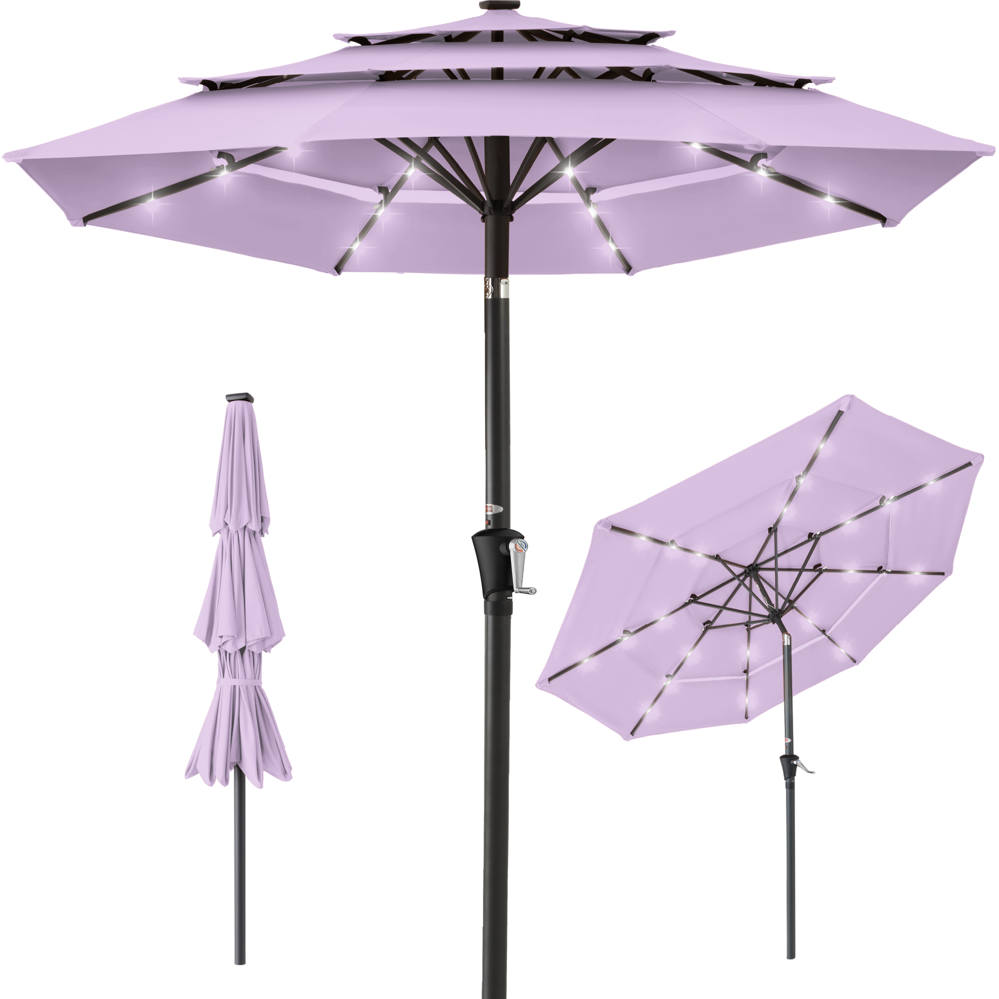 10ft 3-Tier Solar Patio Umbrella w/ 24 LED Lights, Tilt Adjustment, Easy Crank - Lavender - Best Choice Products Online