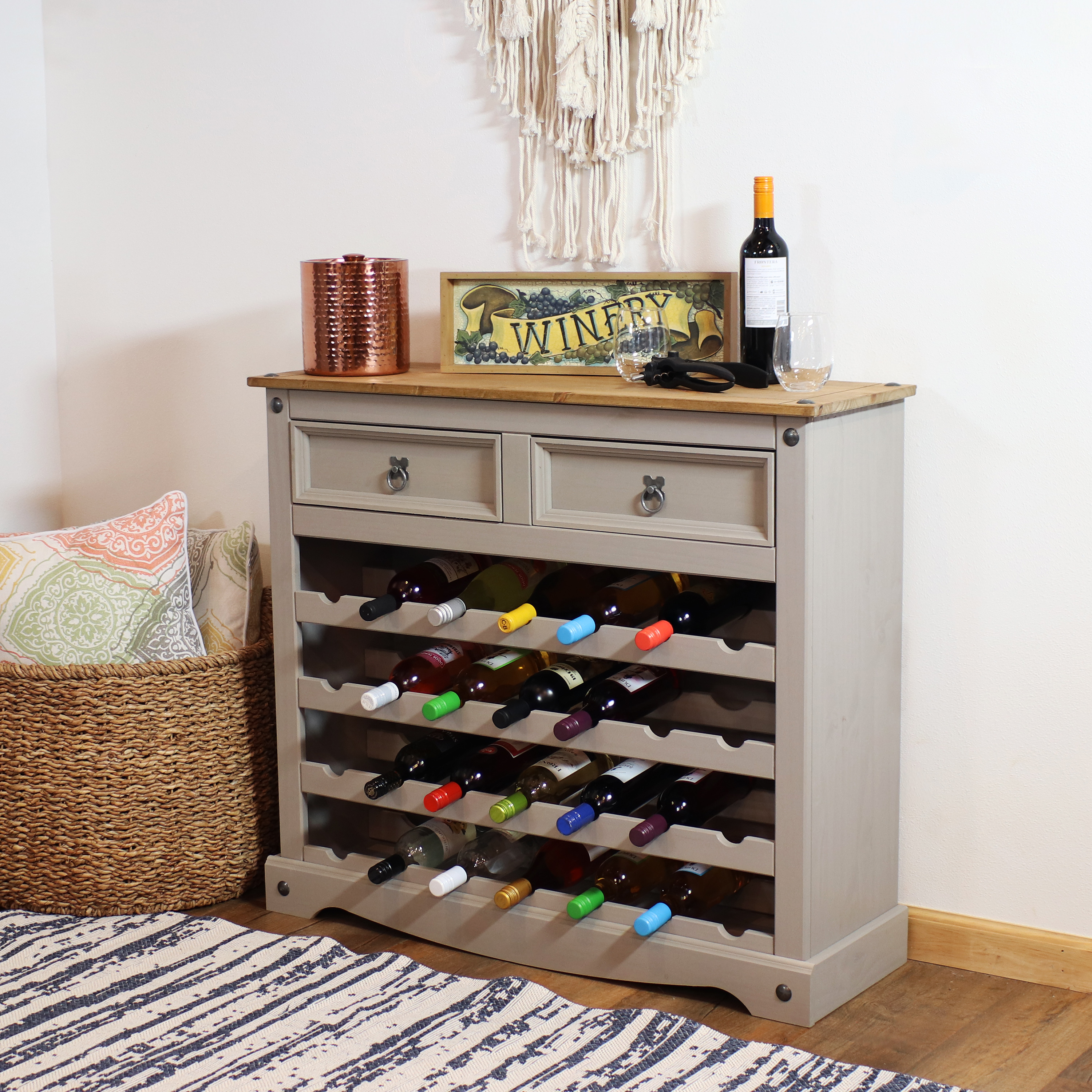 Solid Pine 28-Bottle Wine Cabinet with Drawers - Gray