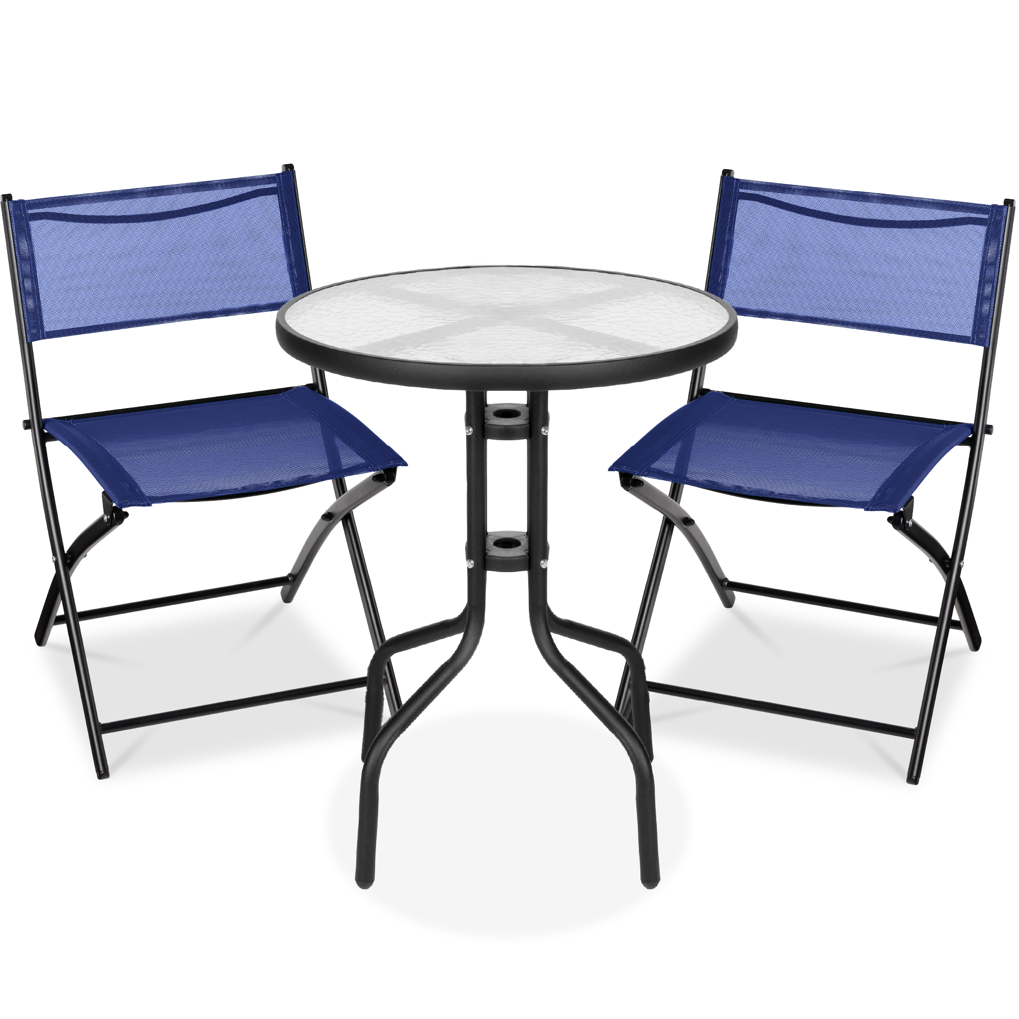 3-Piece Patio Bistro Dining Furniture Set w/ Glass Tabletop, Folding Chairs - Navy - Best Choice Products Online