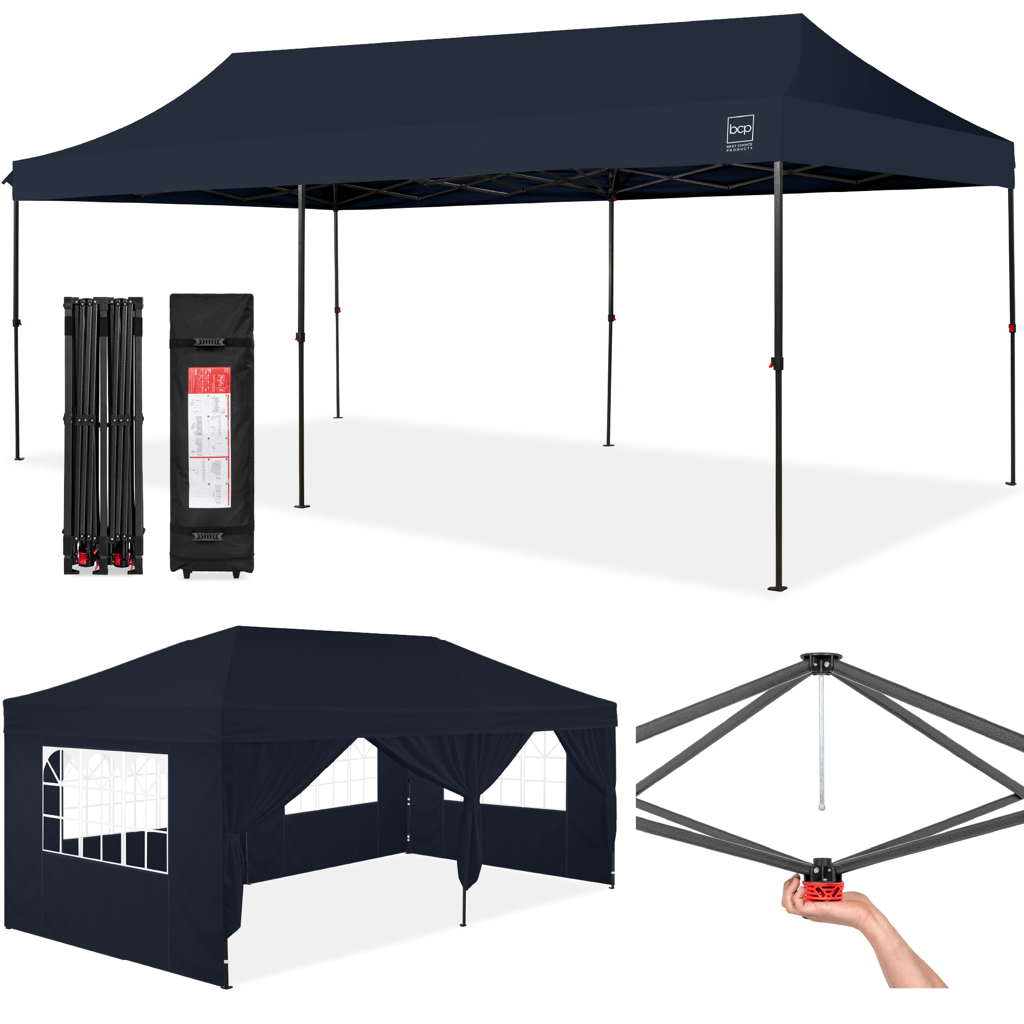 10x20ft Party Tent Pop Up Canopy Easy Setup w/ 1-Button Setup, Wheeled Case, 4 Weight Bags - Navy - Best Choice Products Online