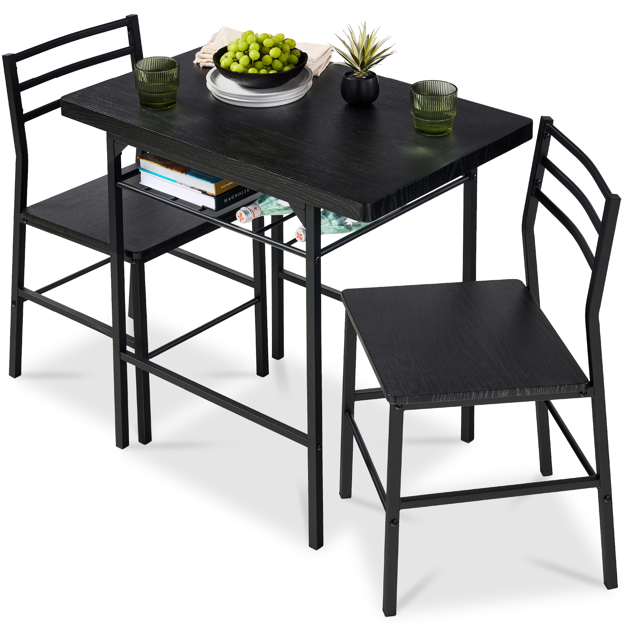 3-Piece Modern Dining Set, Square Table & Chairs Set w/ Steel Frame, Built-In Storage Rack - Black - Best Choice Products Online