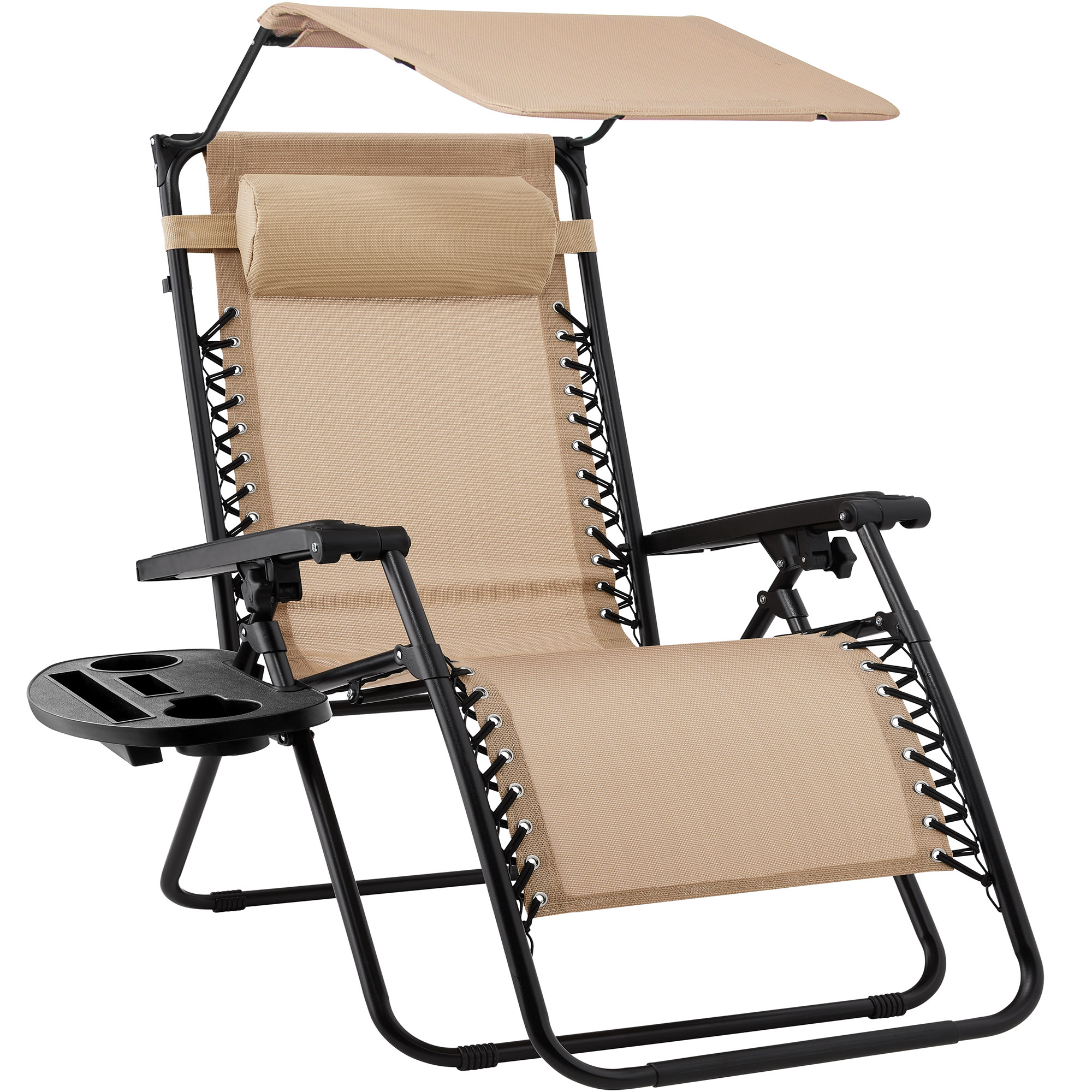 Folding Zero Gravity Chair, Patio Lounge Recliner w/ Canopy Shade, Headrest, Side Tray - Beige - Best Choice Products Online