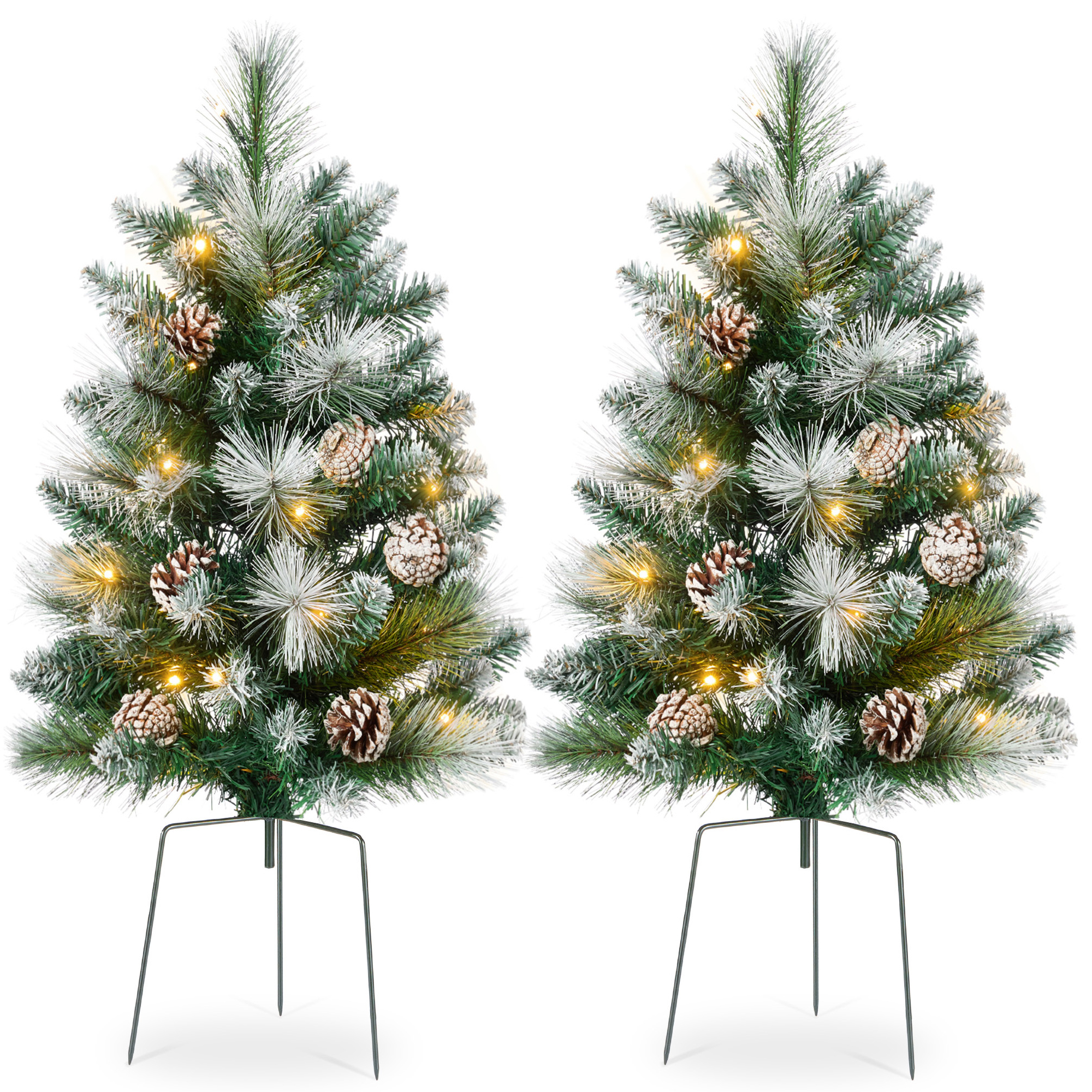 24.5in Set of 2 Outdoor Frosted Scotch Pine Pathway Christmas Trees Decor w/ LED Lights, Pine Cones - Best Choice Products Online